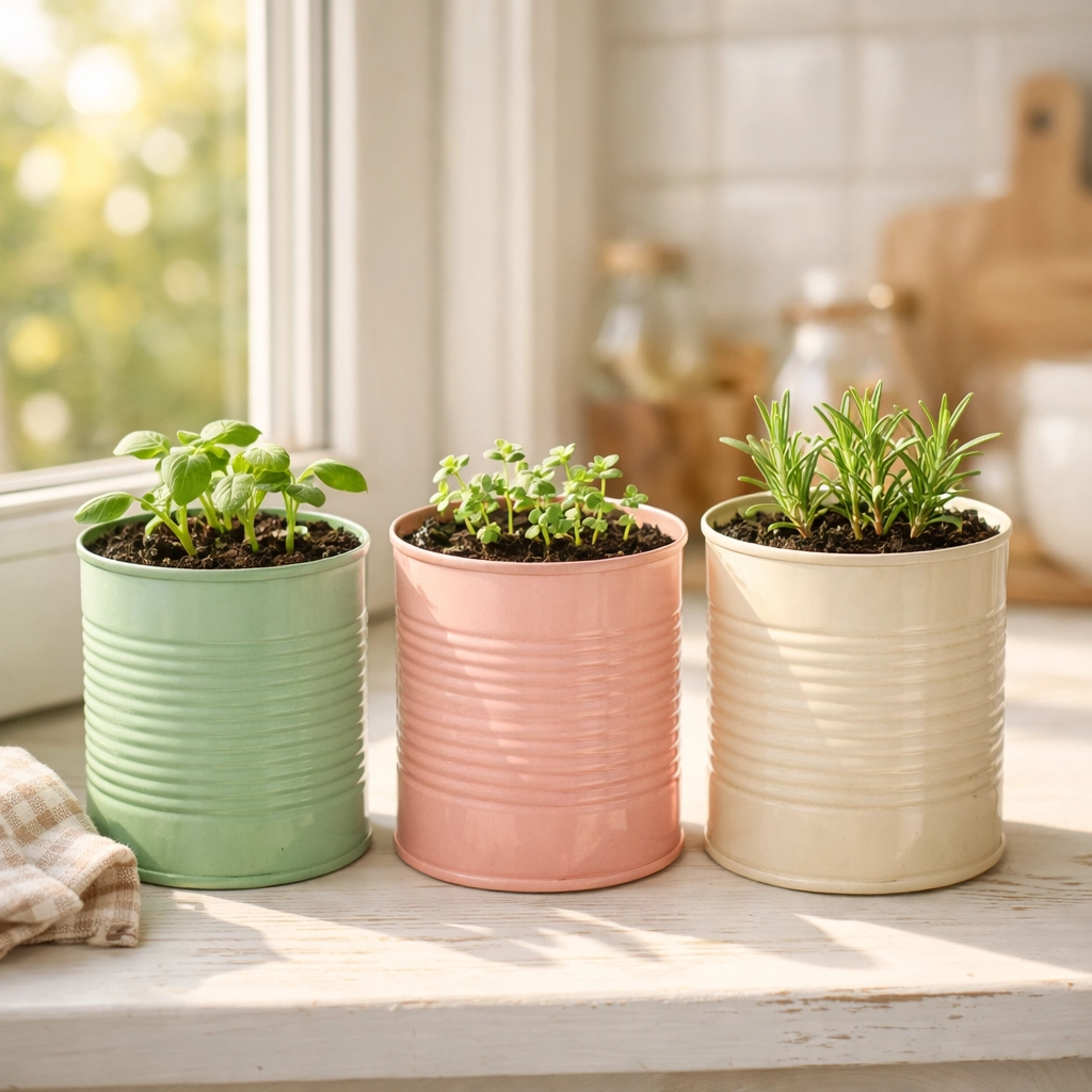 Repurposed tin cans painted pastel colors as budget-friendly herb planters on kitchen windowsill