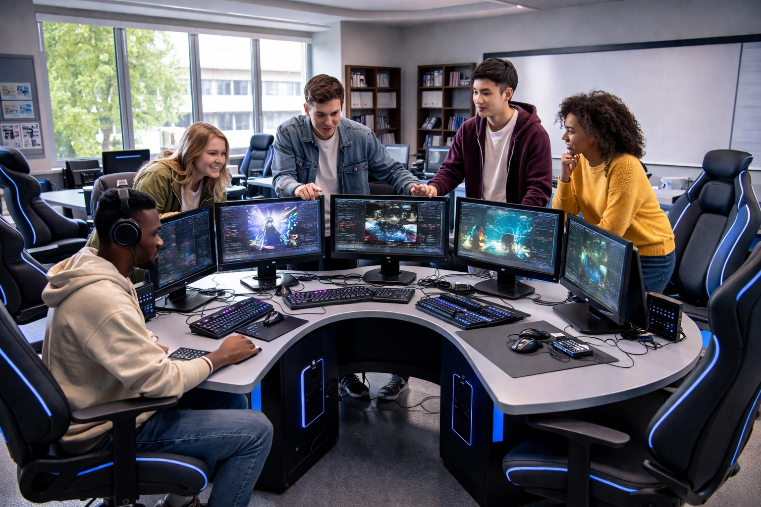 High school students collaborating at a modern esports pod station, illustrating tech skill development for workforce readiness.