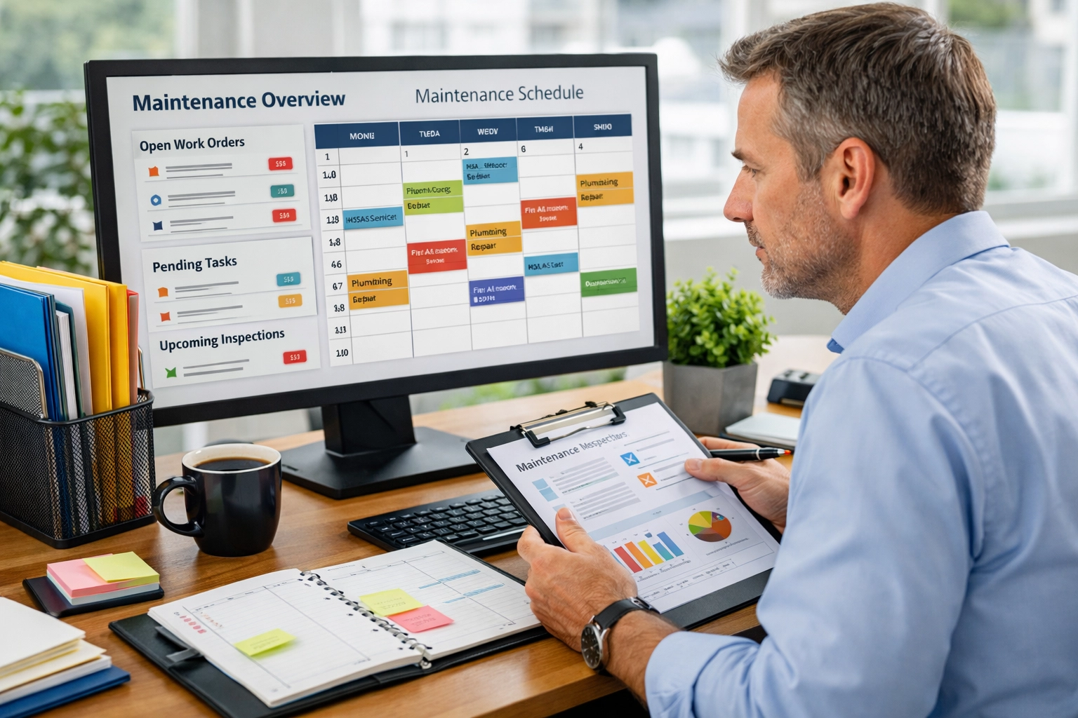 Property manager reviewing maintenance schedules and planning predictive turnover repairs