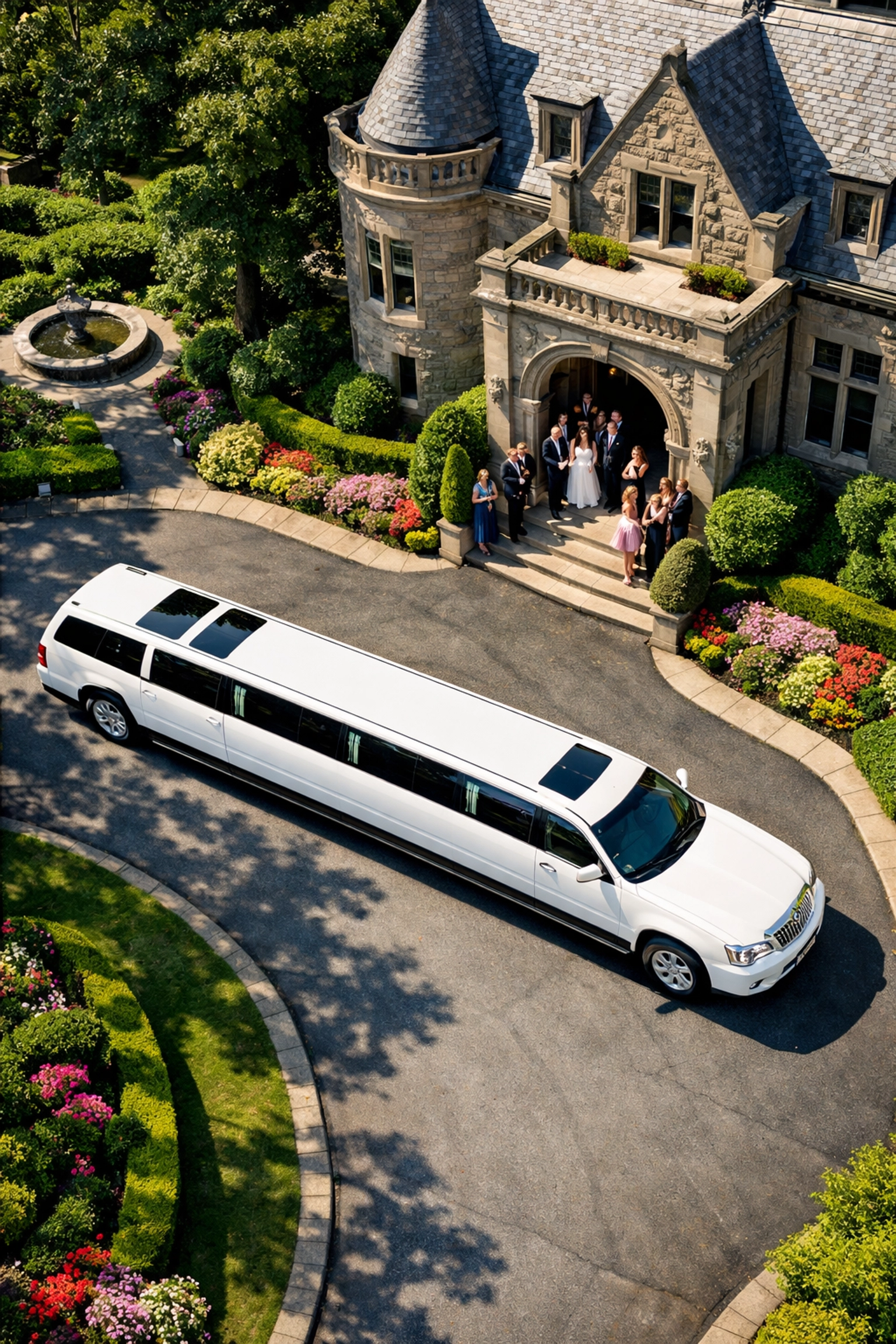 Stretch limousine arriving at Pittsburgh wedding venue with guests