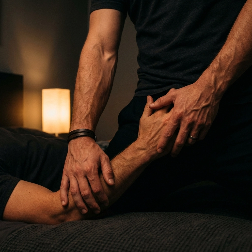 Close-up of intimate touch and muscular definition between two men during an MM foreplay session.