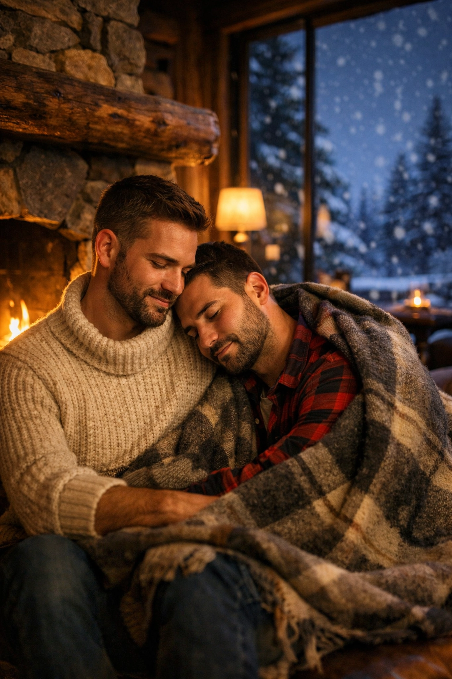 Gay couple enjoying a romantic moment by a fireplace in a secluded winter cabin getaway.
