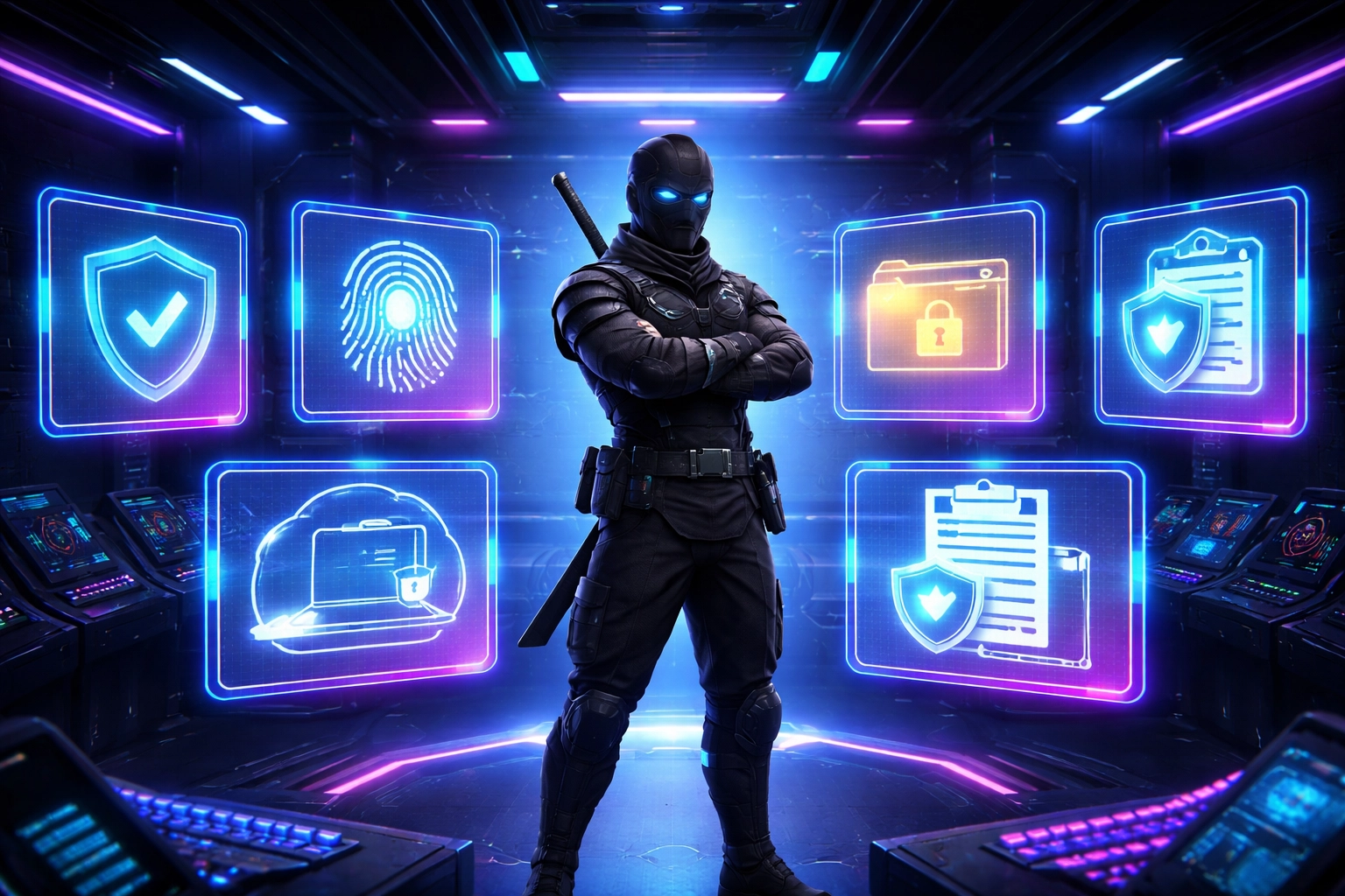 A high-tech control room highlighting key security audit domains like MFA, device management, and compliance for businesses in Phoenix.