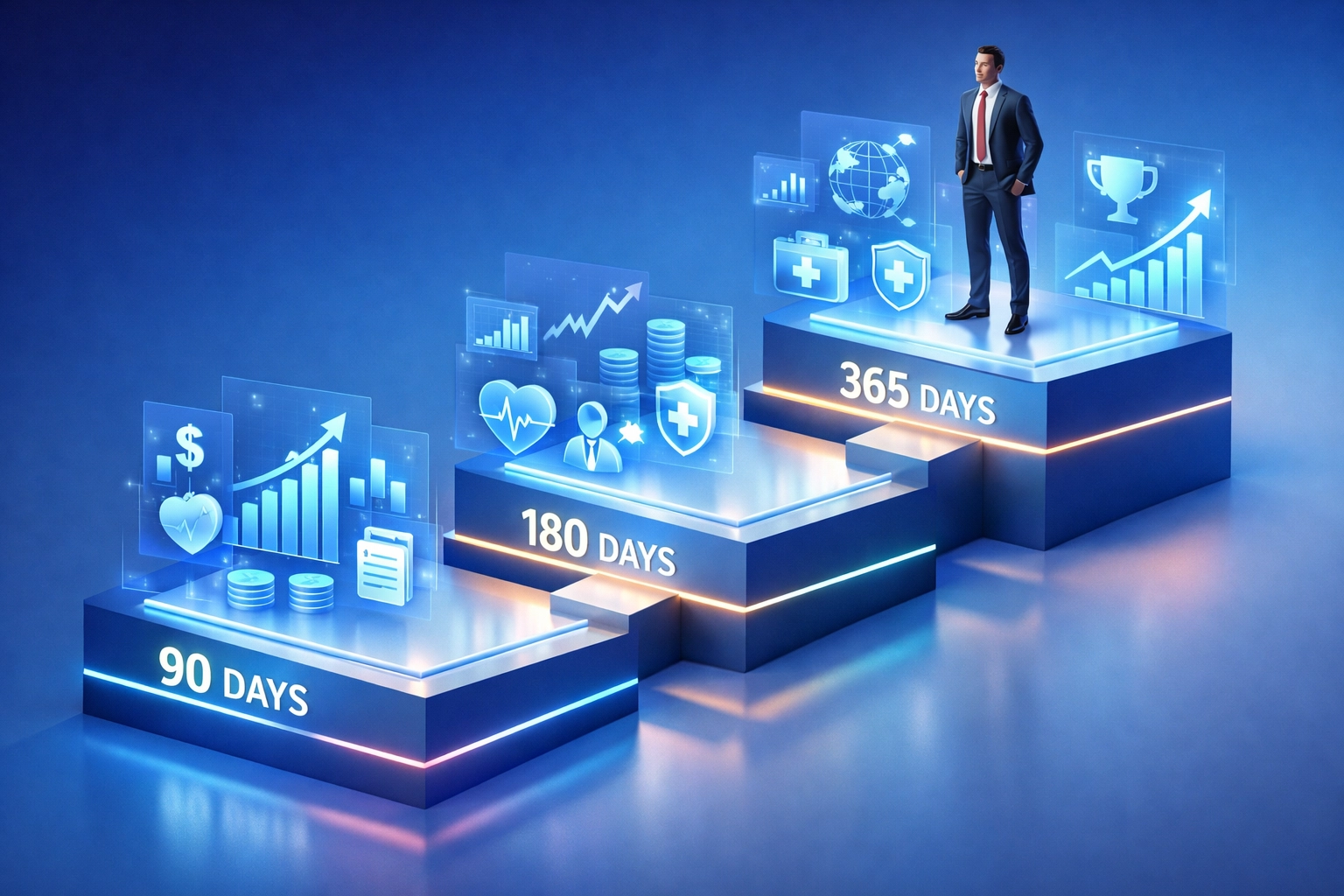 ServiceNow implementation milestones showing ROI growth over 90, 180, and 365 days