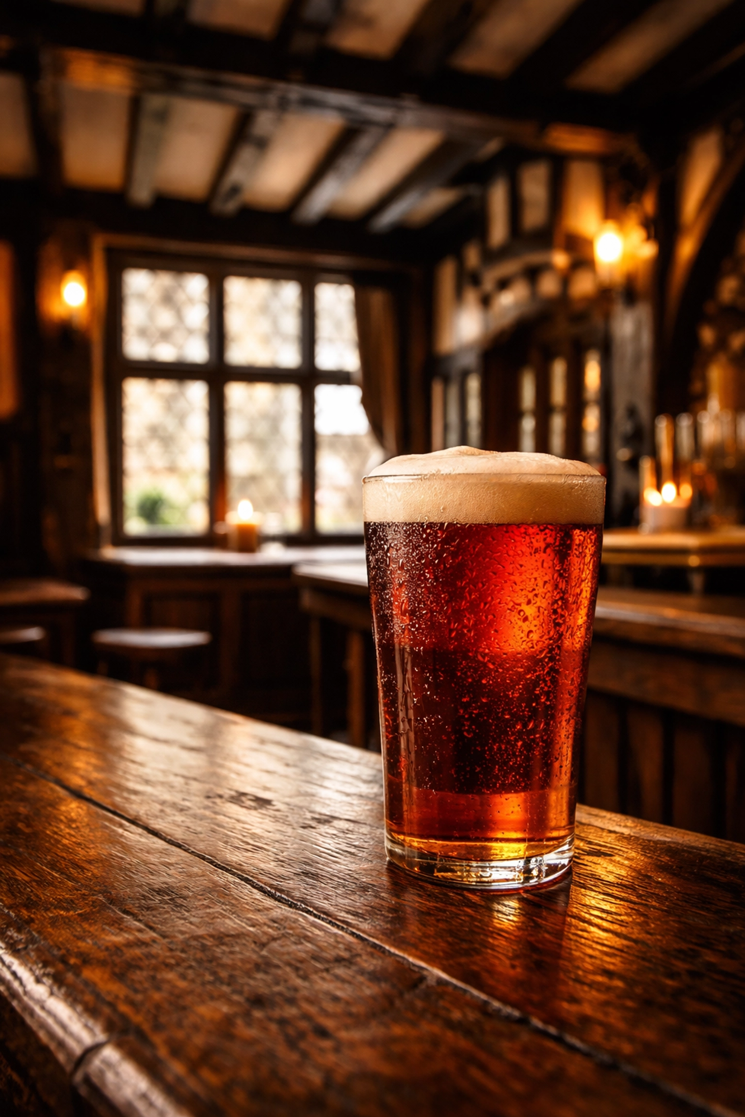 Close-up of an amber pint with creamy foam on a bar at The Garrick Inn, Stratford-upon-Avon, historic Cotswolds pub atmosphere