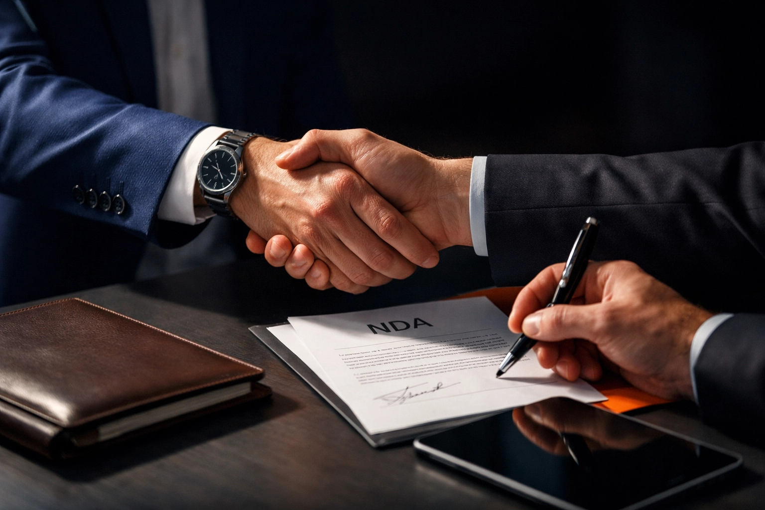 Professional handshake sealing confidential business sale agreement
