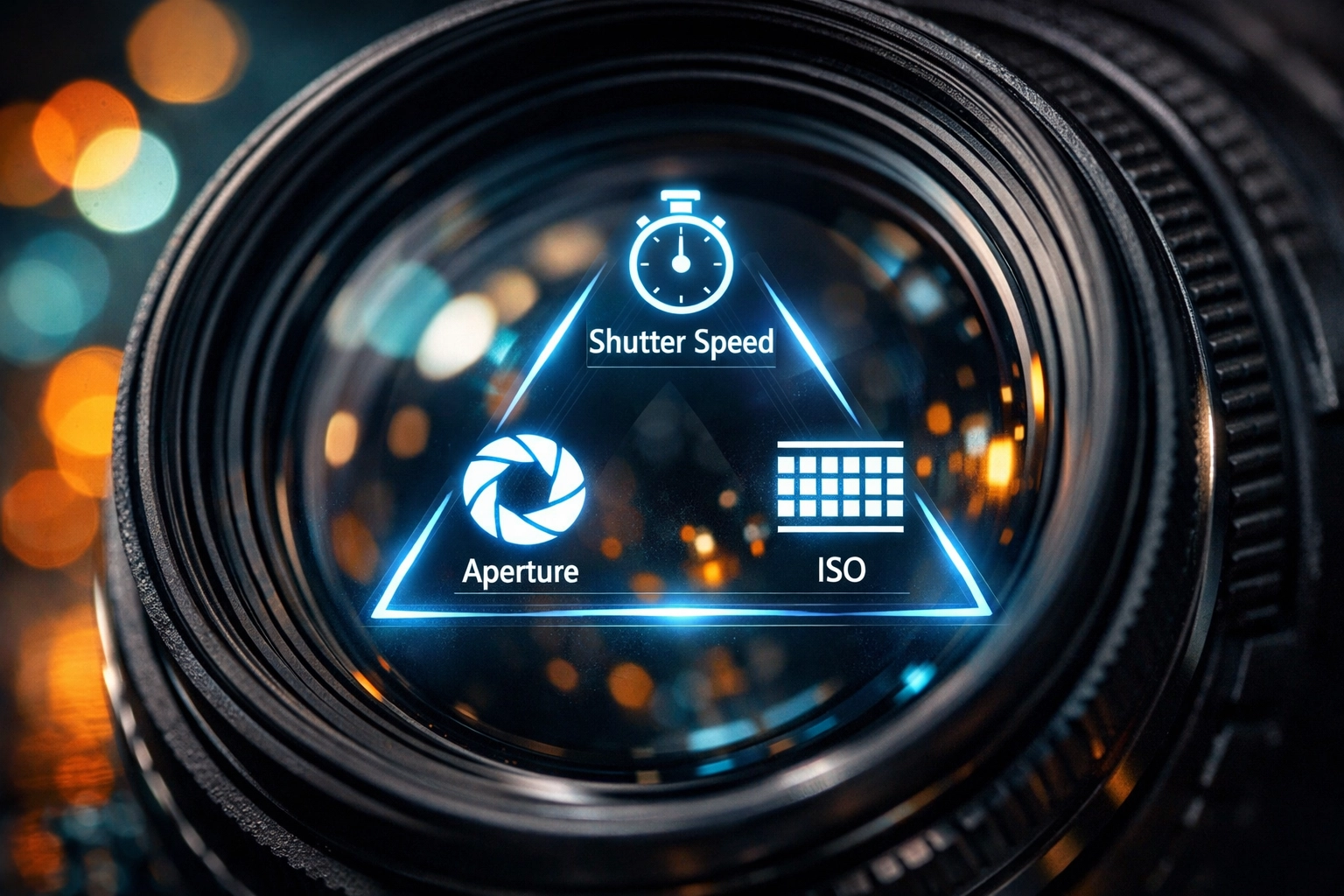 A diagram showing the exposure triangle for manual mode camera settings and photography for beginners.