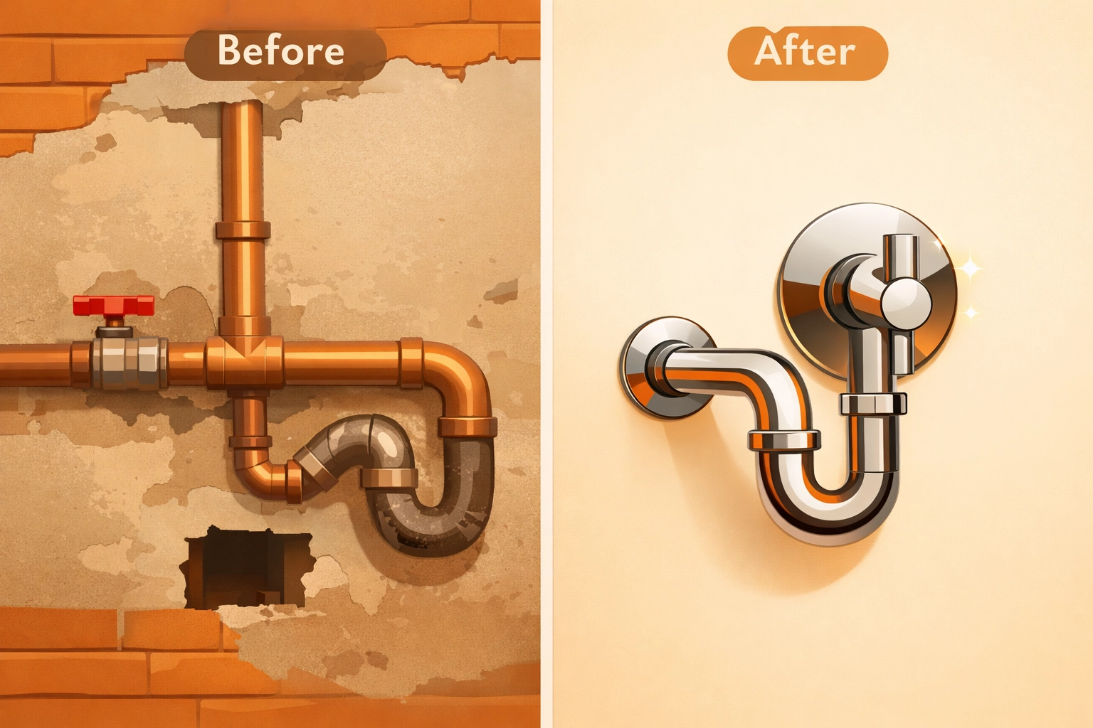 Before and after photo app comparison showing professional plumbing work for construction documentation.