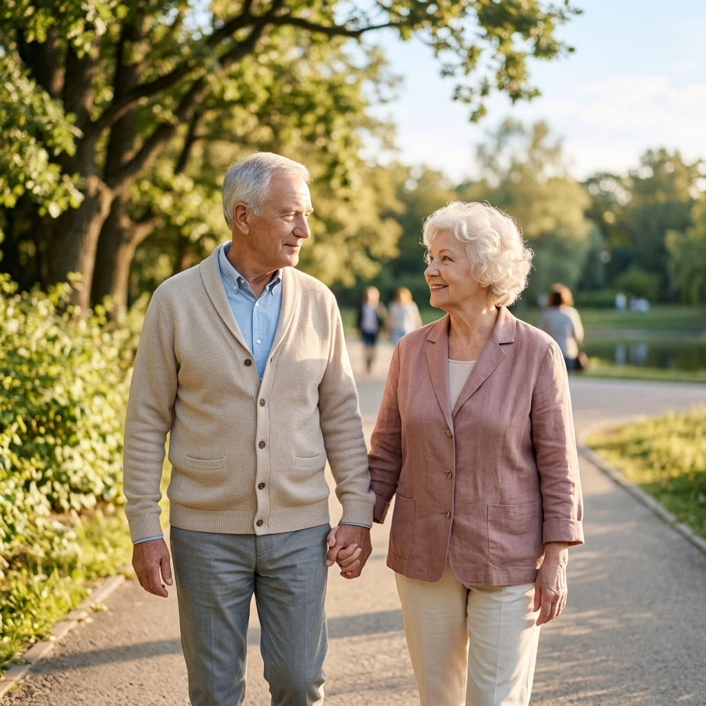 A candid, professional photograph of an elderly couple walking in a sun-drenched park, holding hands.