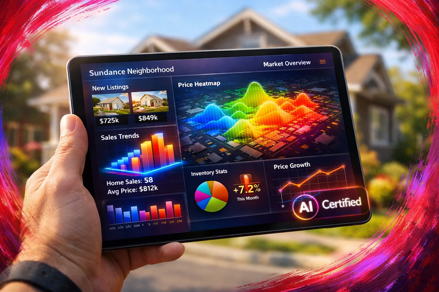 AI Certified Agent using a digital dashboard to analyze real estate market trends in Sundance Buckeye AZ.