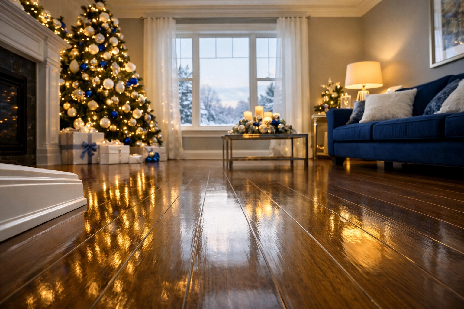 Sparkling living room in Fitchburg with holiday decorations and professionally cleaned hardwood floors.
