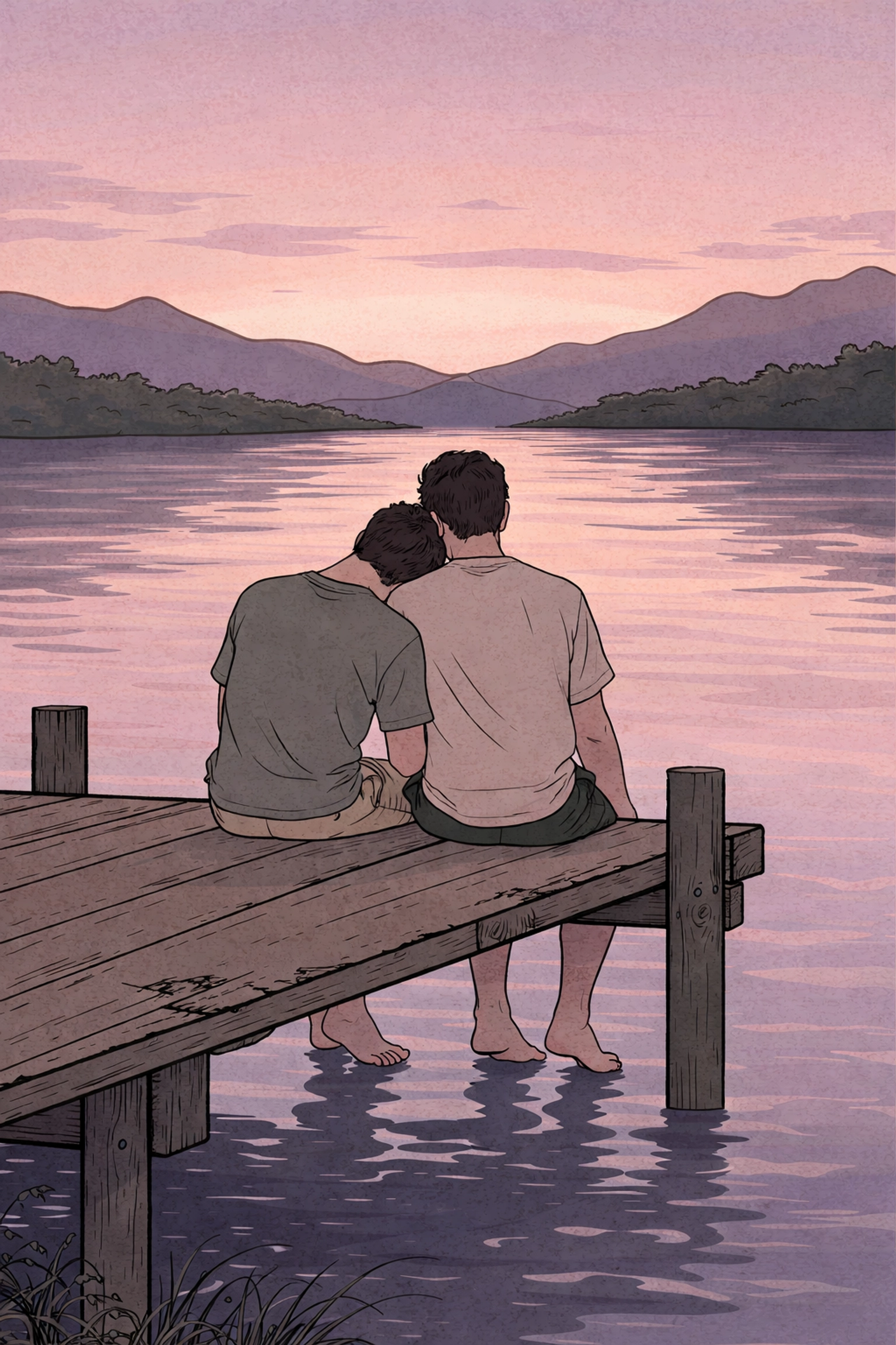 Intimate moment with two men sitting close on a quiet dock at twilight in Sharm El-Sheikh, sharing connection