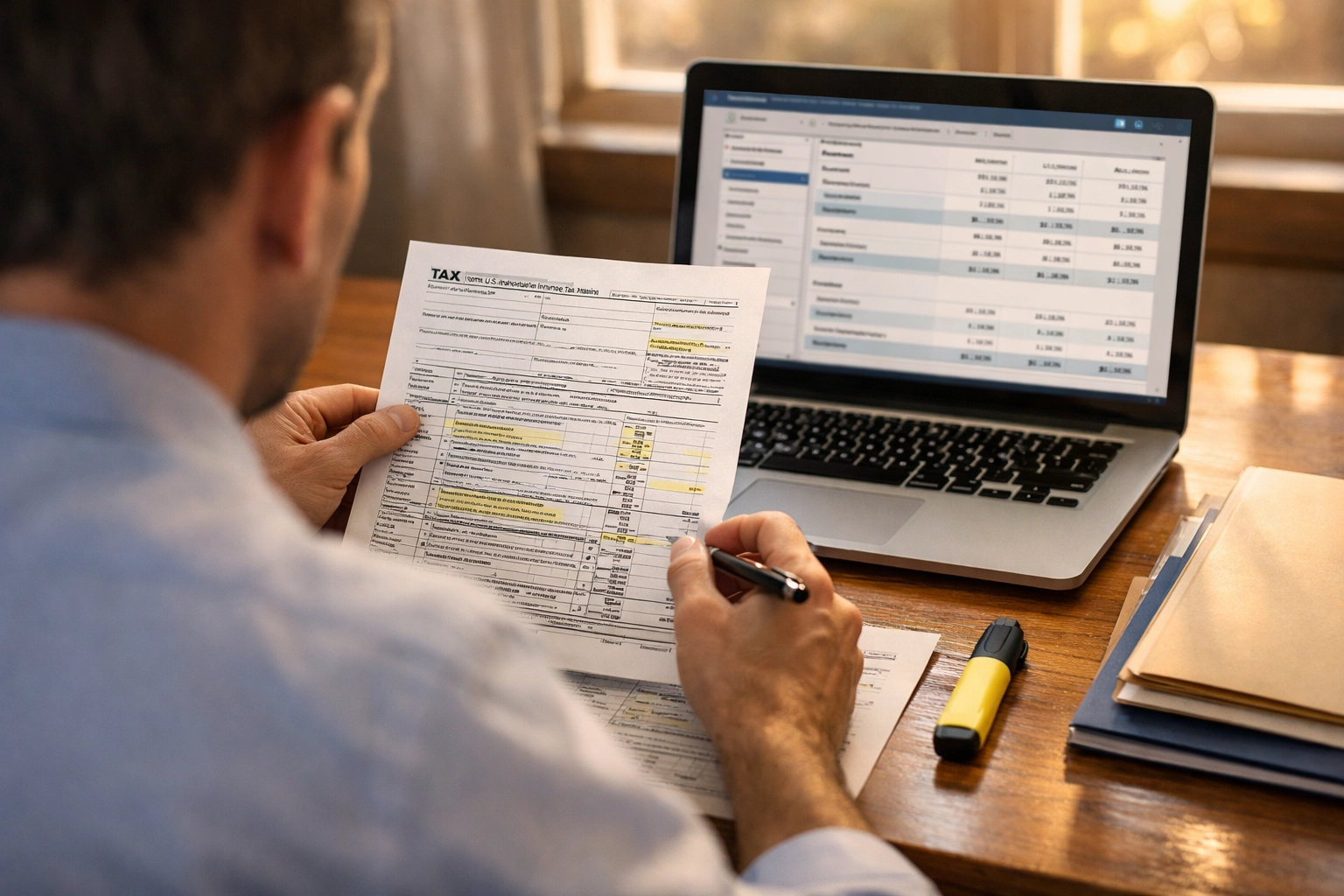 Business owner comparing 1099-K form with accounting software for tax reconciliation