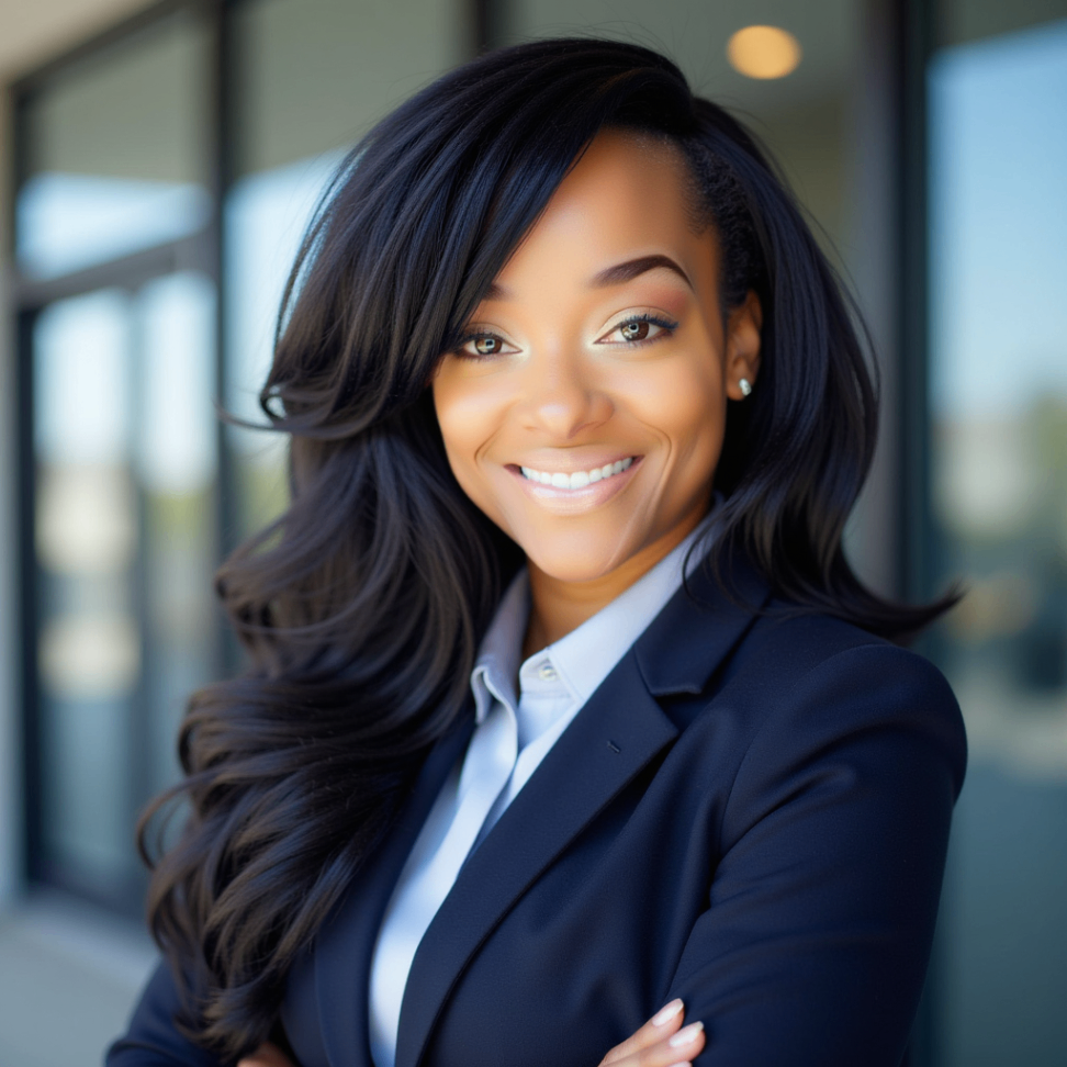 Confident real estate agent outside modern office building