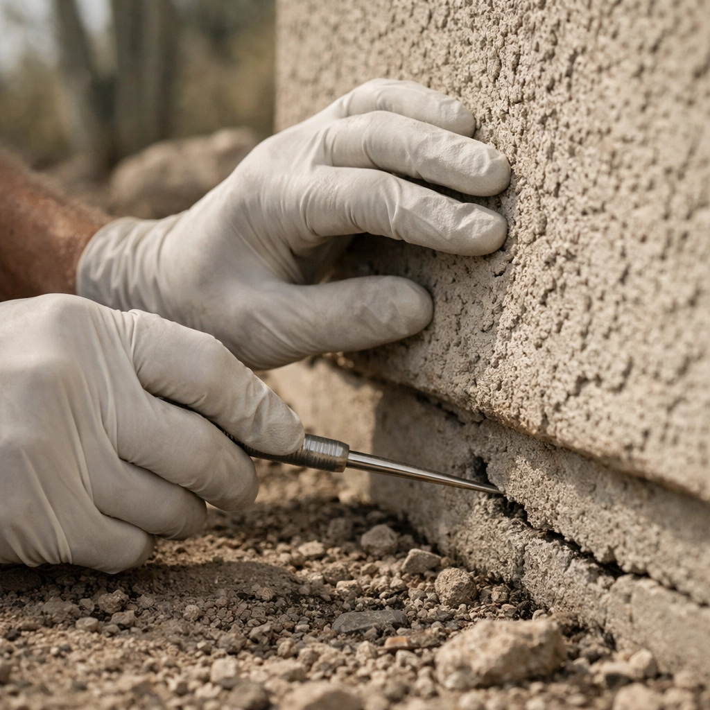 Professional pest control technician inspecting Arizona home foundation for entry points