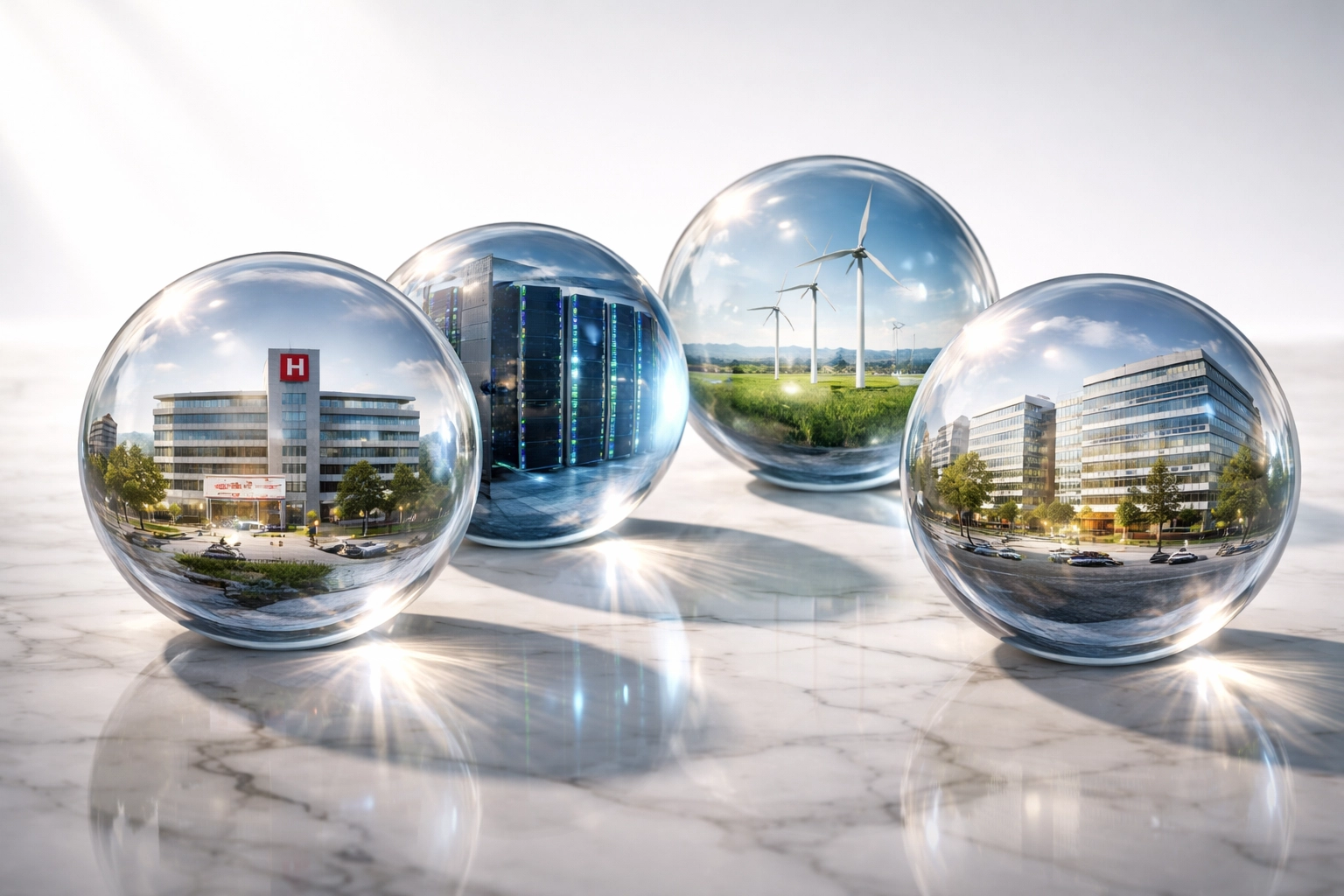 Crystal spheres showcasing healthcare, technology, energy, and business sectors in private equity portfolio
