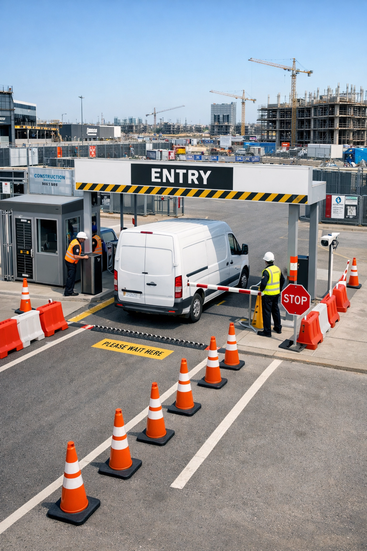Managed construction site access control point with a security checkpoint to monitor vehicle and visitor entry.