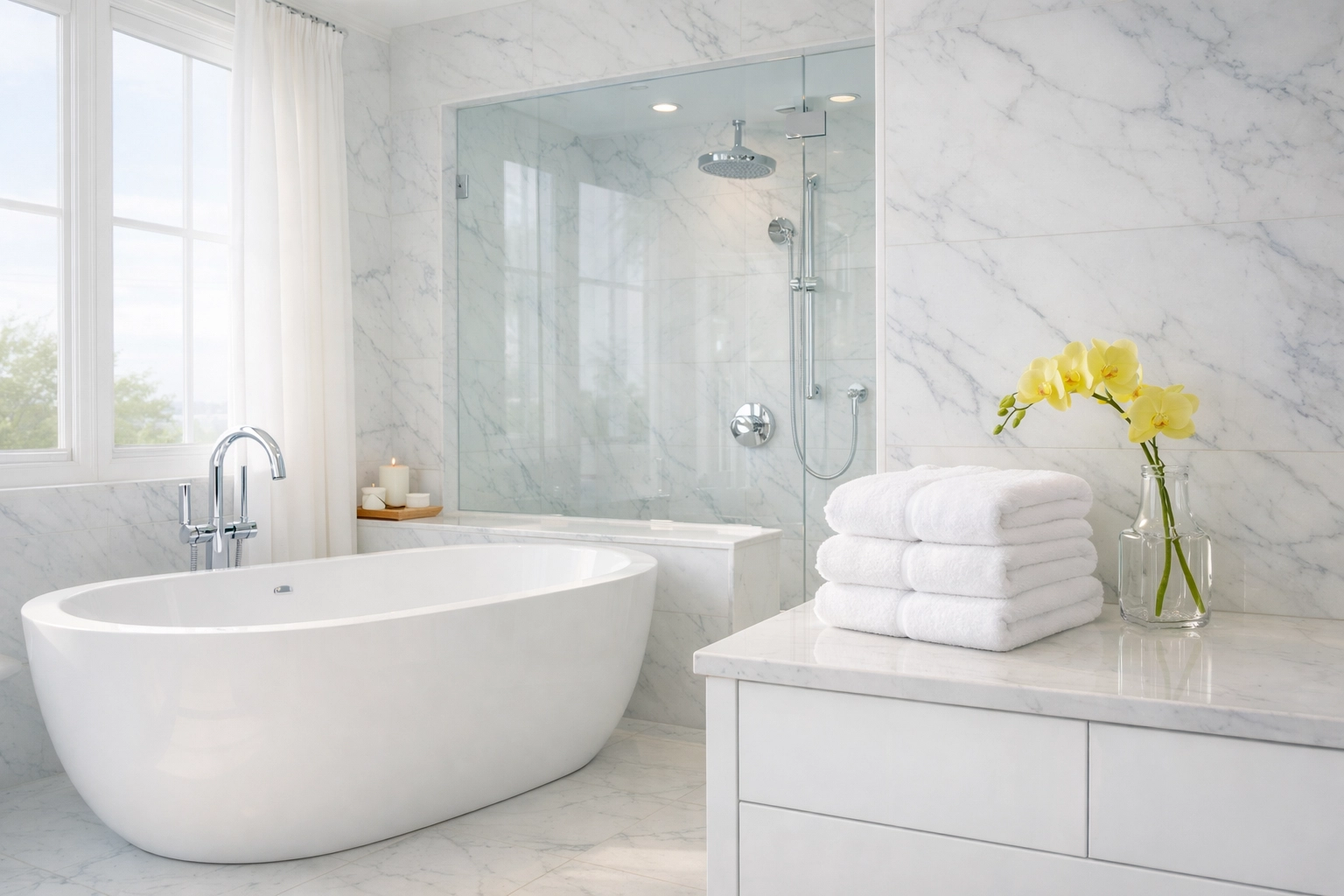 A sparkling clean luxury master bathroom in Canton MA with a white soaking tub and polished marble surfaces.