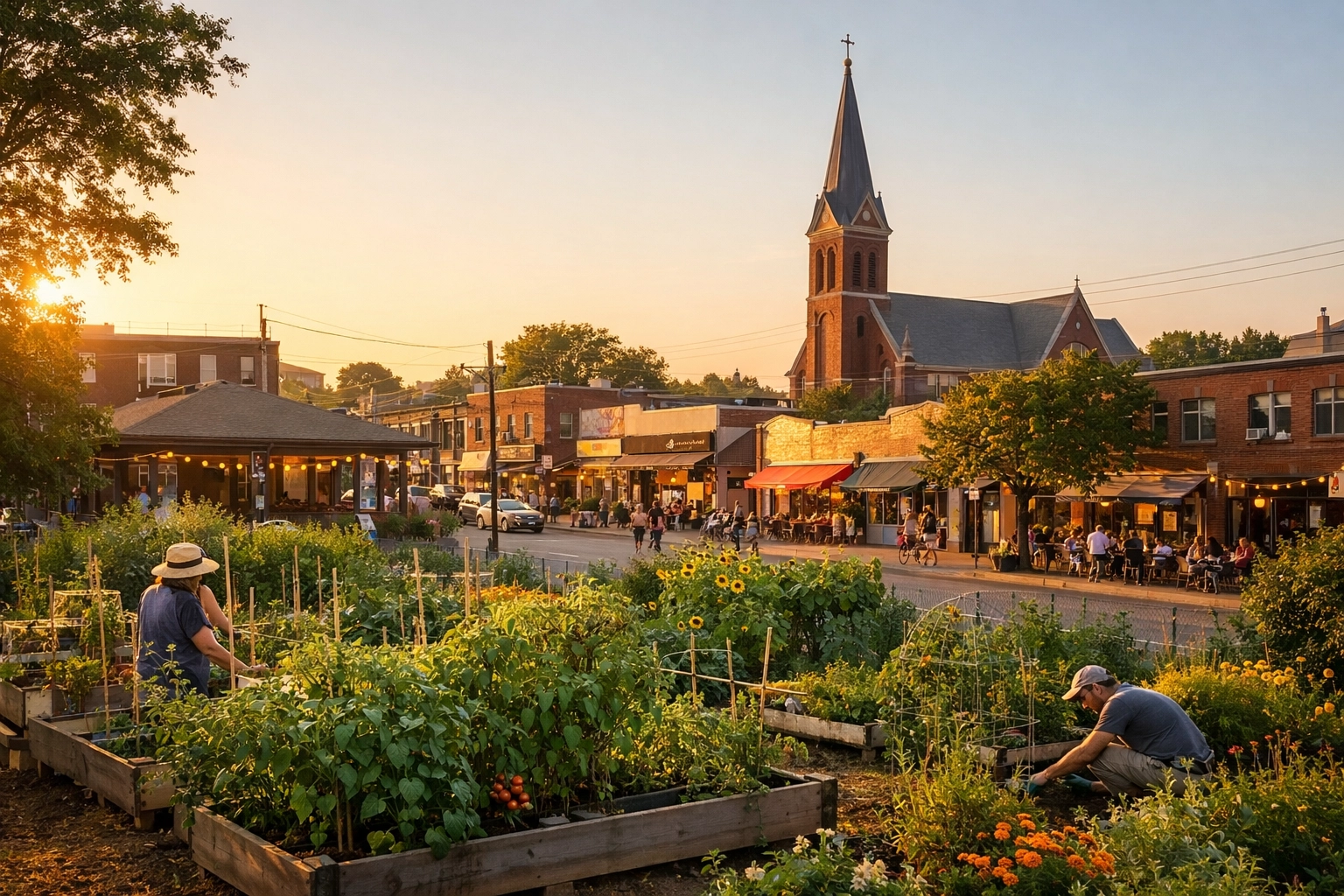 A thriving urban neighborhood with a community garden and local stores, illustrating neighborhood transformation.