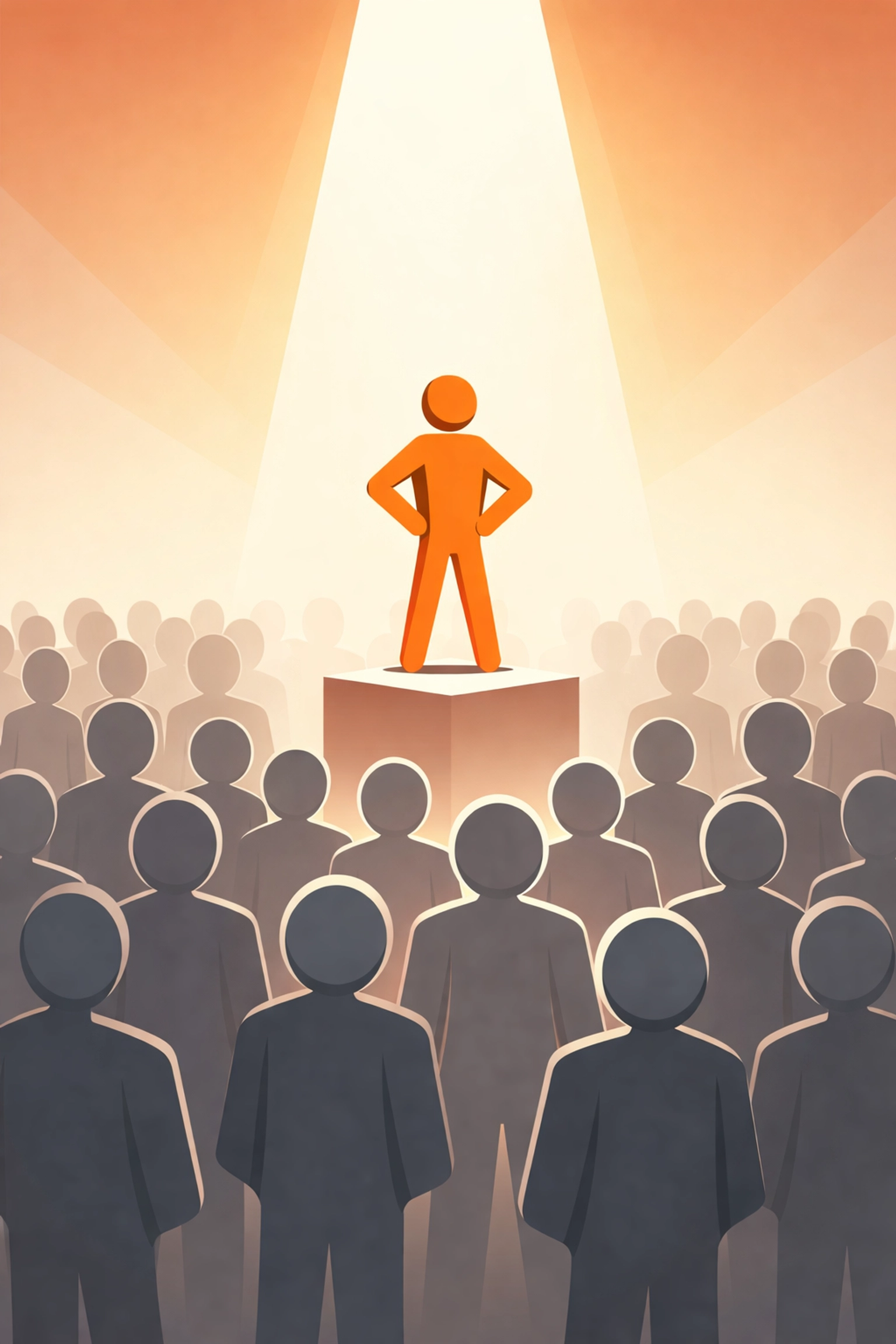 Bright orange figure standing out from a crowd under a spotlight, symbolizing a brand’s unique value proposition.