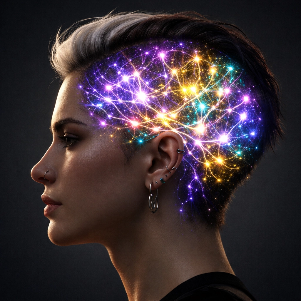 Non-binary person profile with glowing neural pathways representing neuroplasticity and the science of the queer brain.