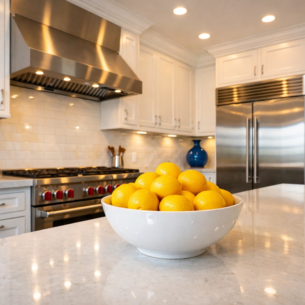 Immaculate gourmet kitchen with white cabinetry showcasing luxury house cleaning Hingham MA details.