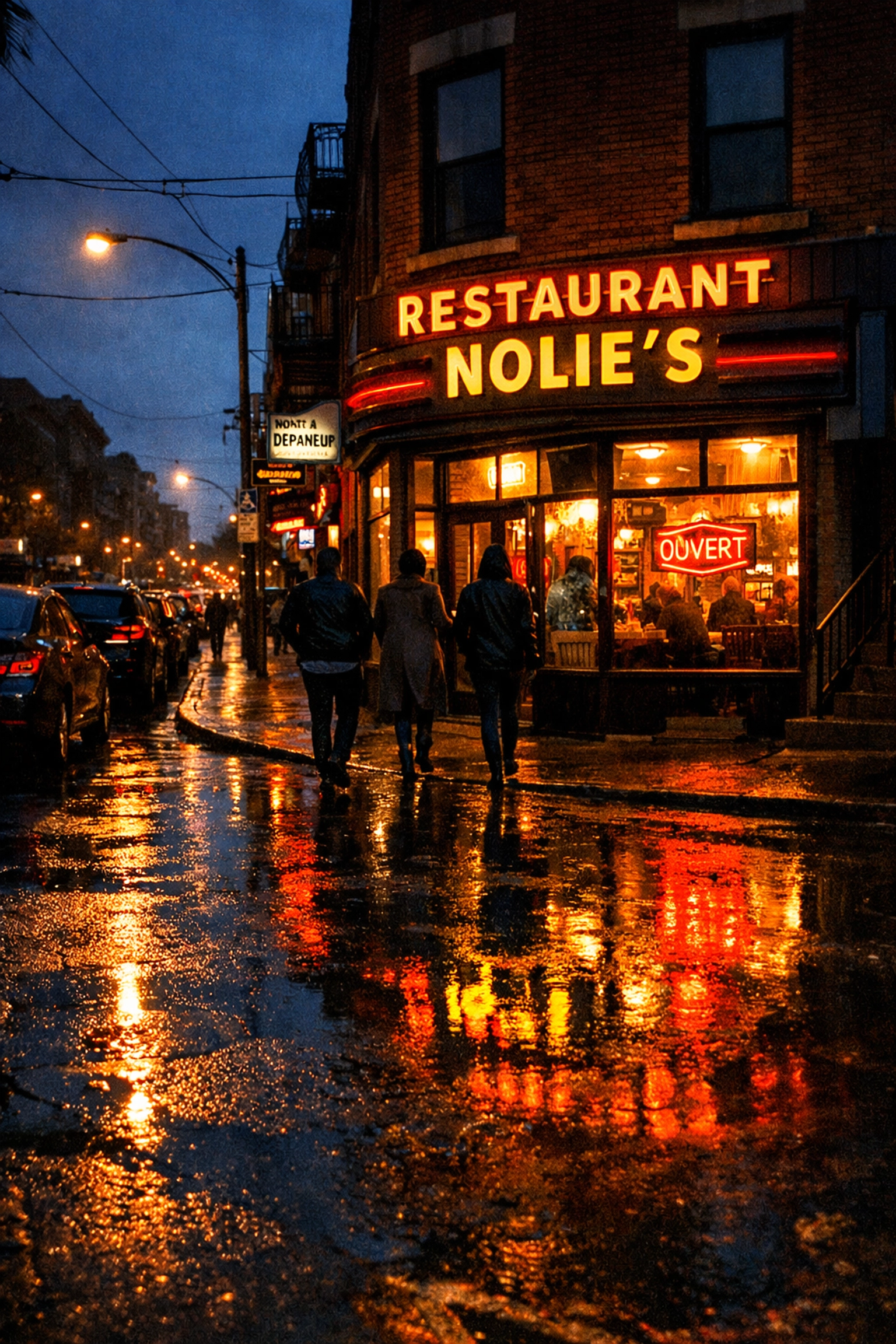 Nighttime street view of Notre-Dame Street in Saint-Henri, home to some of the best pizza in Montreal.