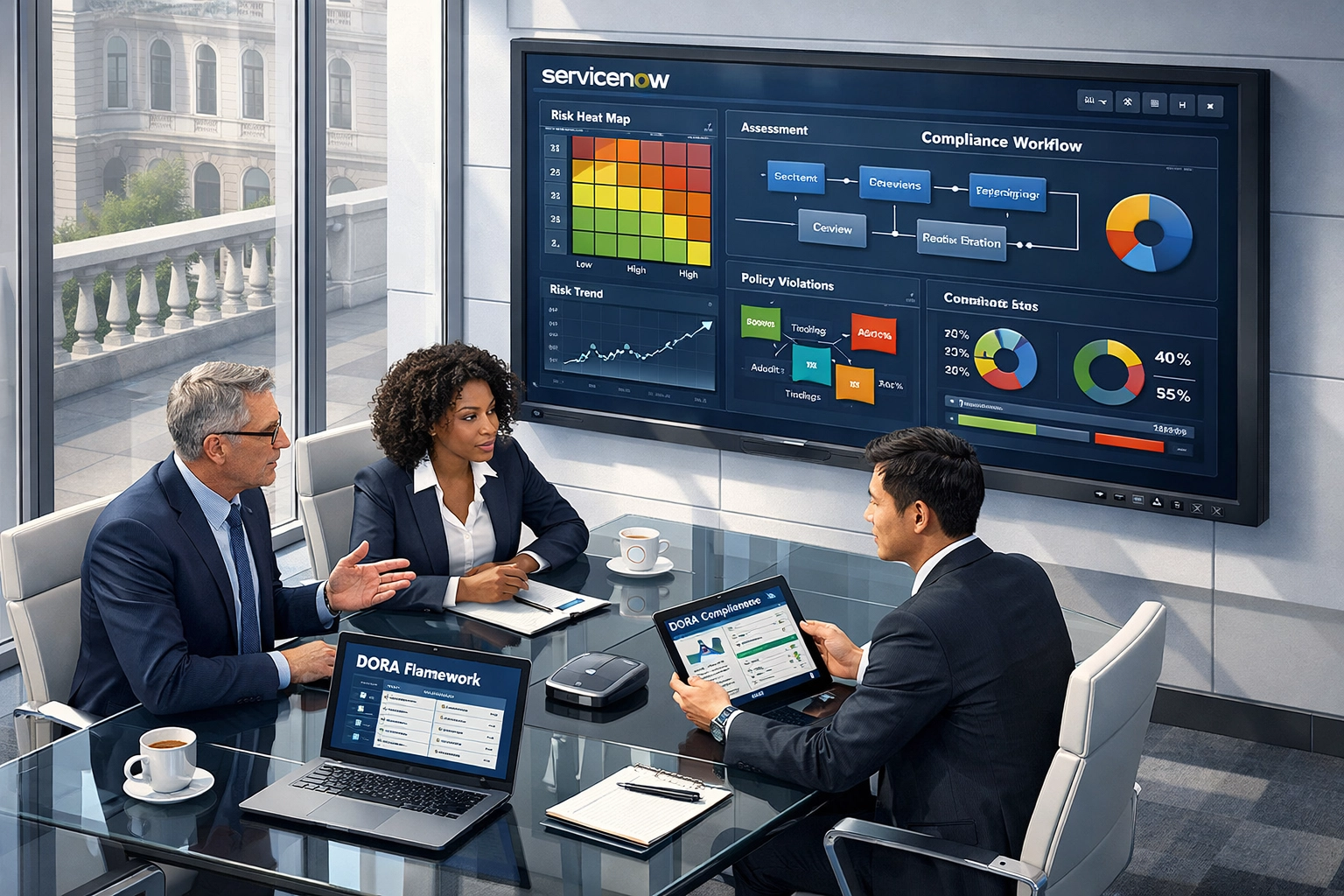 ServiceNow implementation team reviewing DORA compliance dashboard and risk management workflows