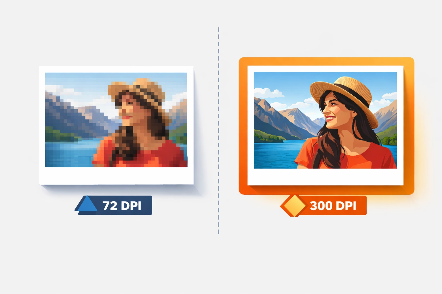 Comparison showing 72 DPI pixelated image versus 300 DPI high-resolution print quality