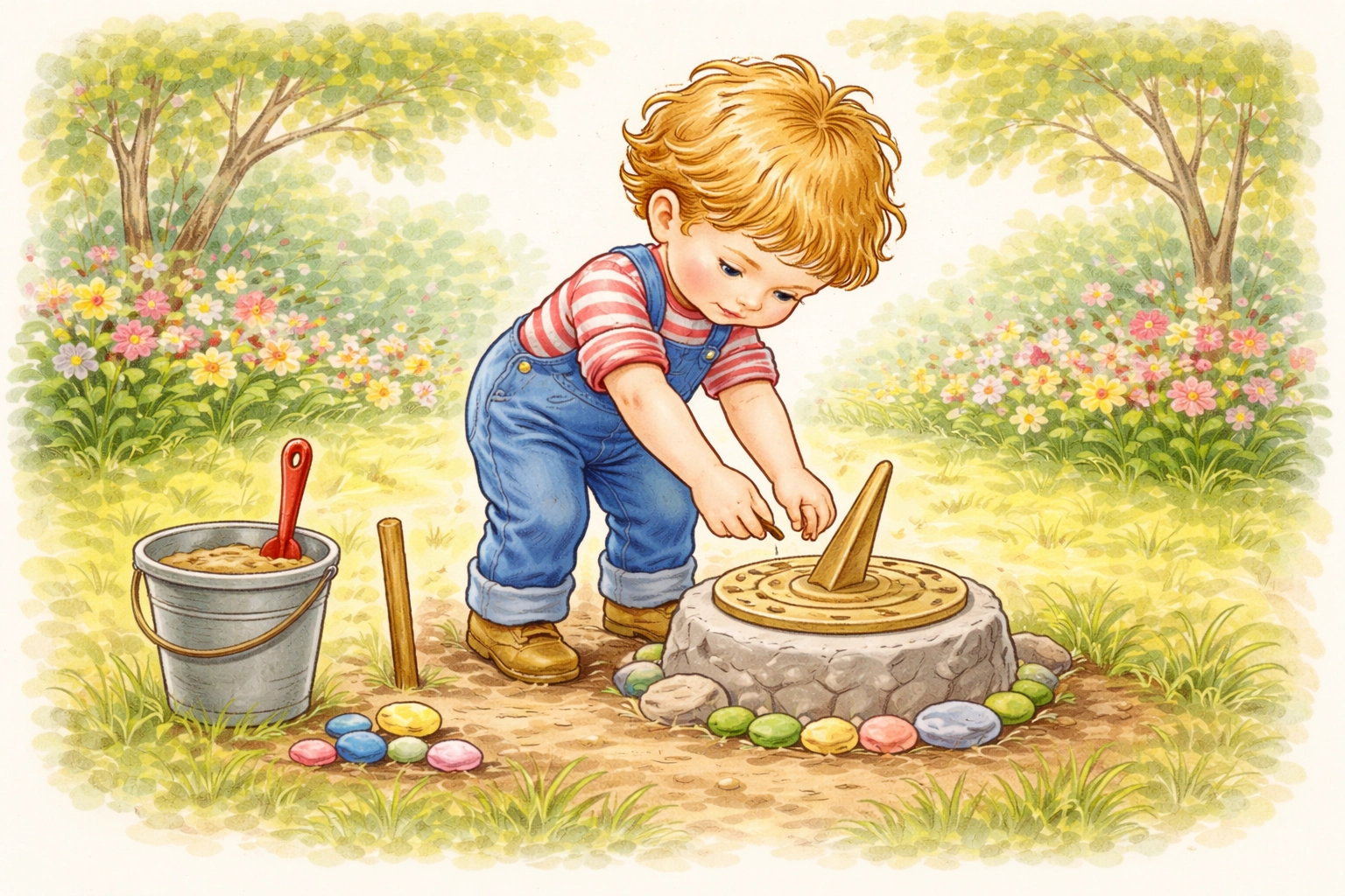 A young child in overalls sets up a sundial in the garden, preparing the ground and using colorful stones.