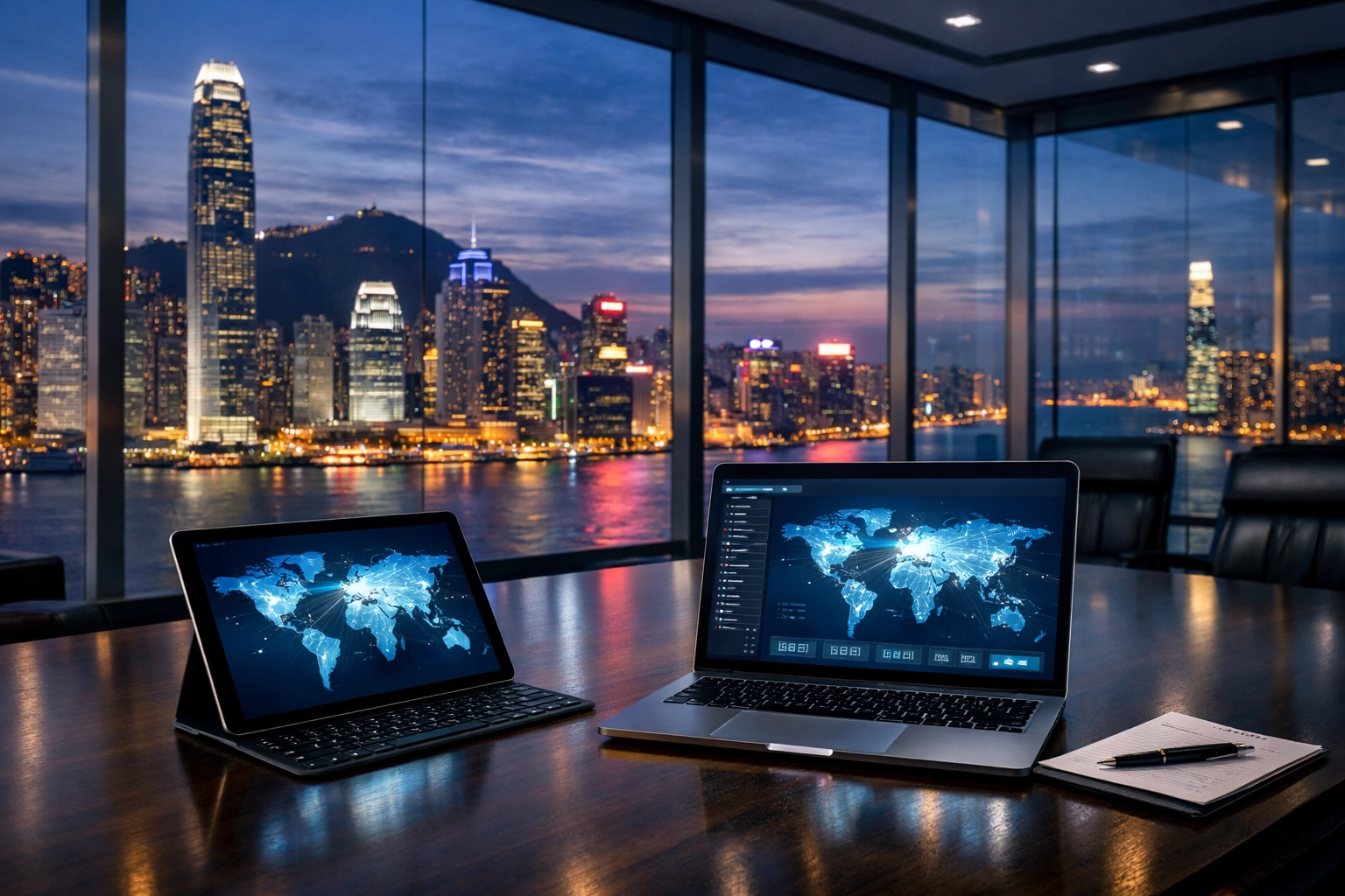 Global advertising dashboard on a tablet in a Hong Kong boardroom showing real-time DOOH data.