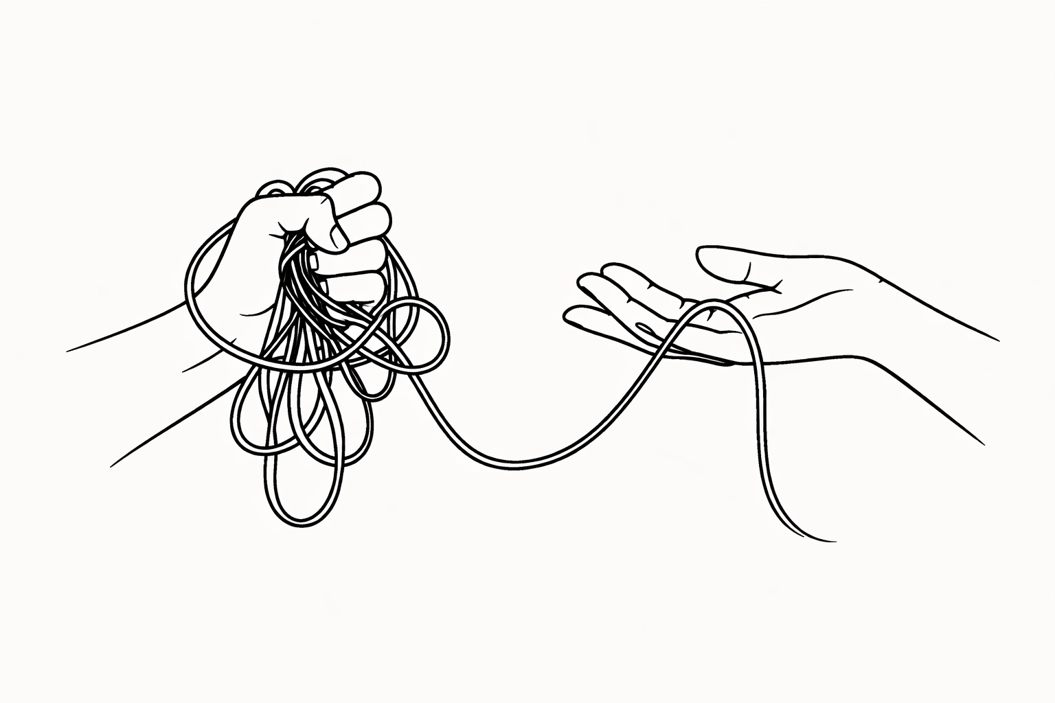 Minimalist illustration of two hands, one holding and one releasing a rope, symbolizing the fear of letting go as a CEO