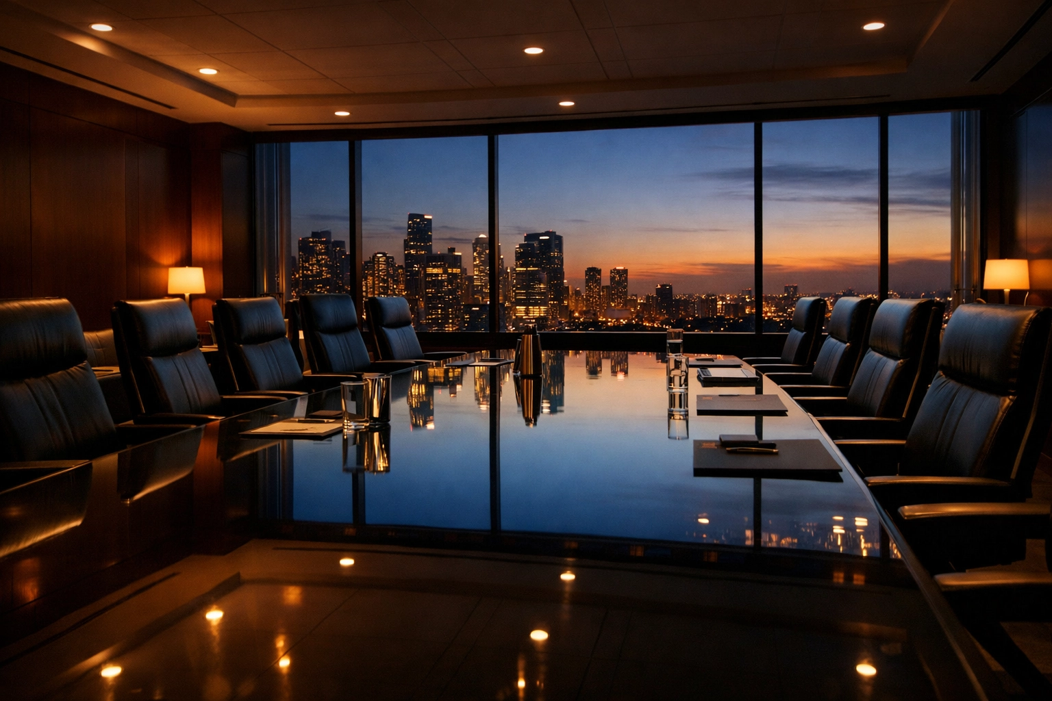 A modern boardroom at twilight representing secure executive benefit plans funded through COLI strategies.
