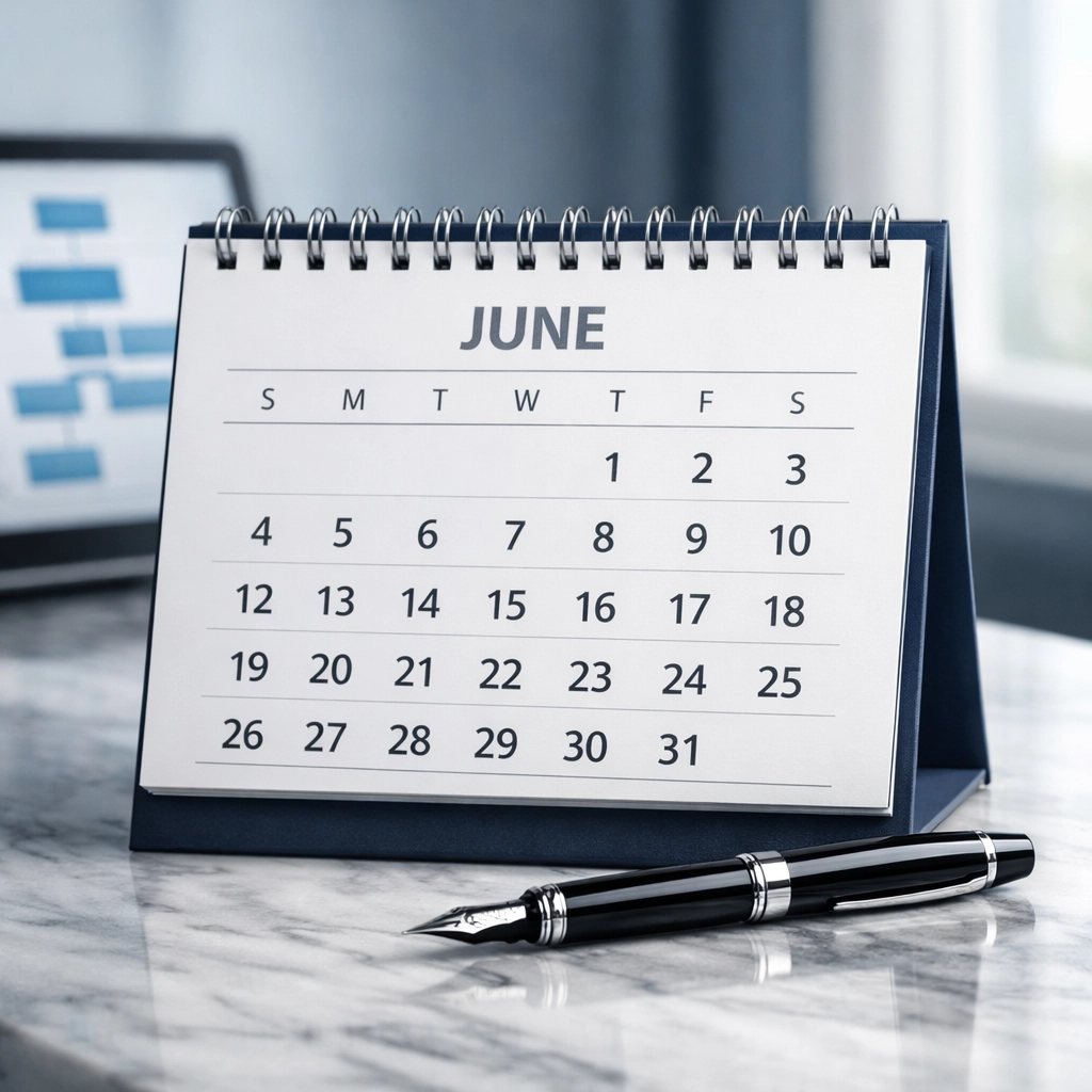 A desk calendar focused on June, representing the 2026 SBA deadline for Alabama franchise certification.