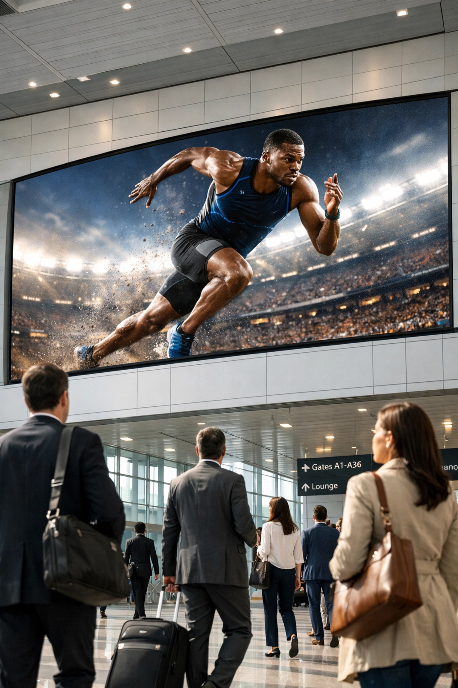 Large curved digital screen in a busy airport terminal displaying high-impact sports marketing visuals.