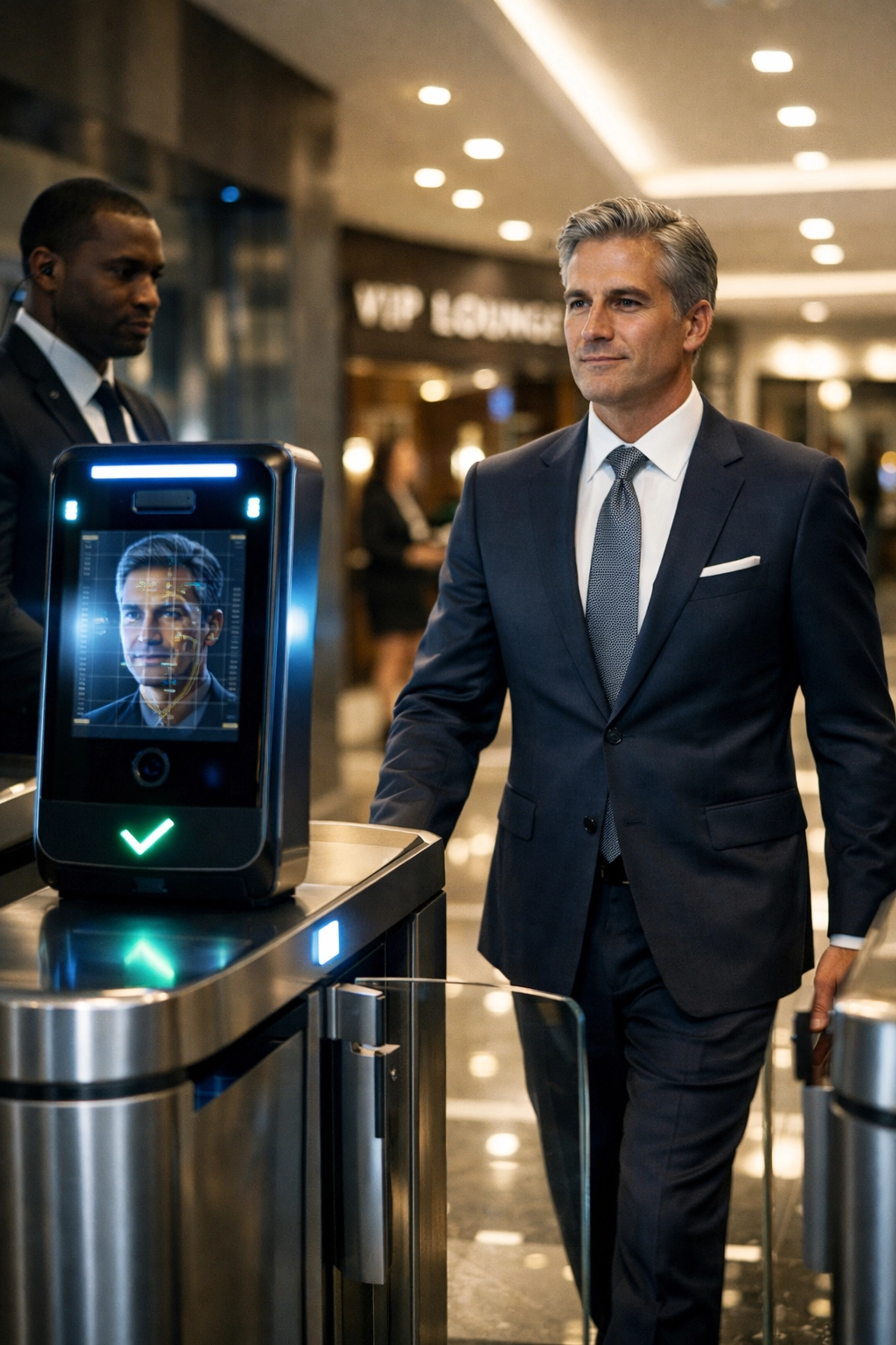 Executive using biometric facial recognition security at Super Bowl 2026 VIP entrance
