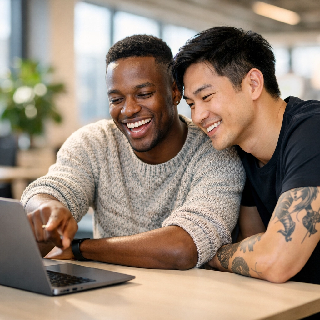Two diverse gay men working together in an inclusive tech office with LGBTQ+ supportive policies.