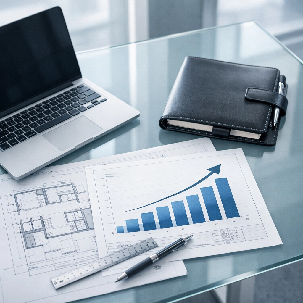 Organized financial records and business planning documents on a modern desk for a business valuation.