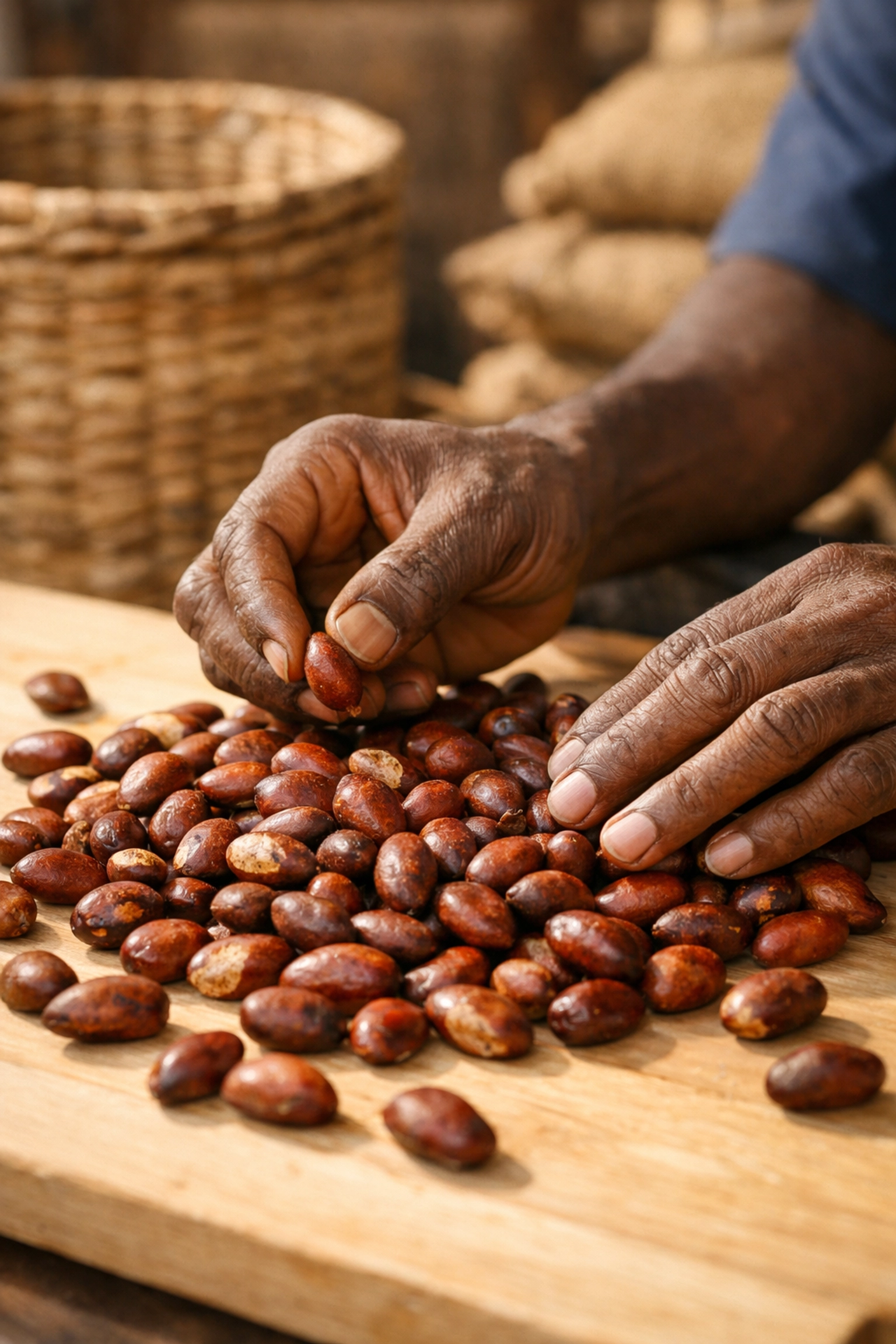 Manual sorting of export-grade bitter kola nuts for quality control and wholesale supply in Nigeria.