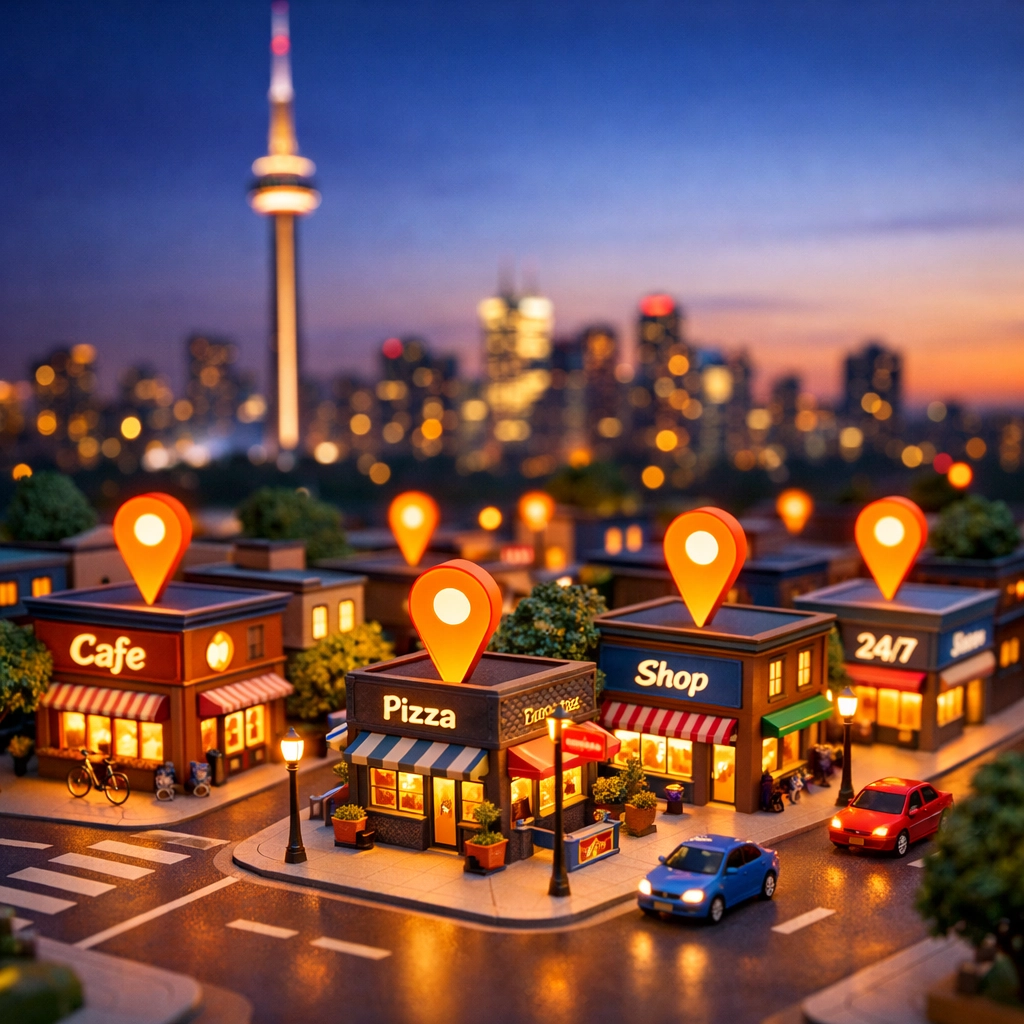 Local SEO Toronto map pins highlighting small businesses in a GTA neighborhood near the CN Tower.