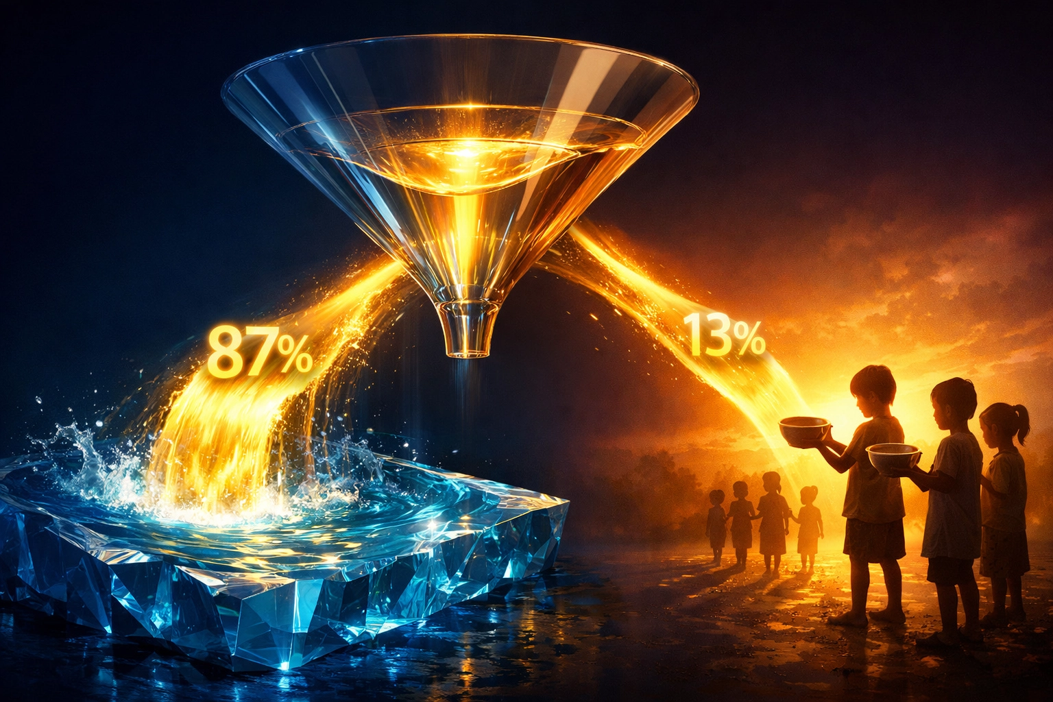 Larecoin's 87% liquidity and 13% charity tax split visualization showing fund allocation