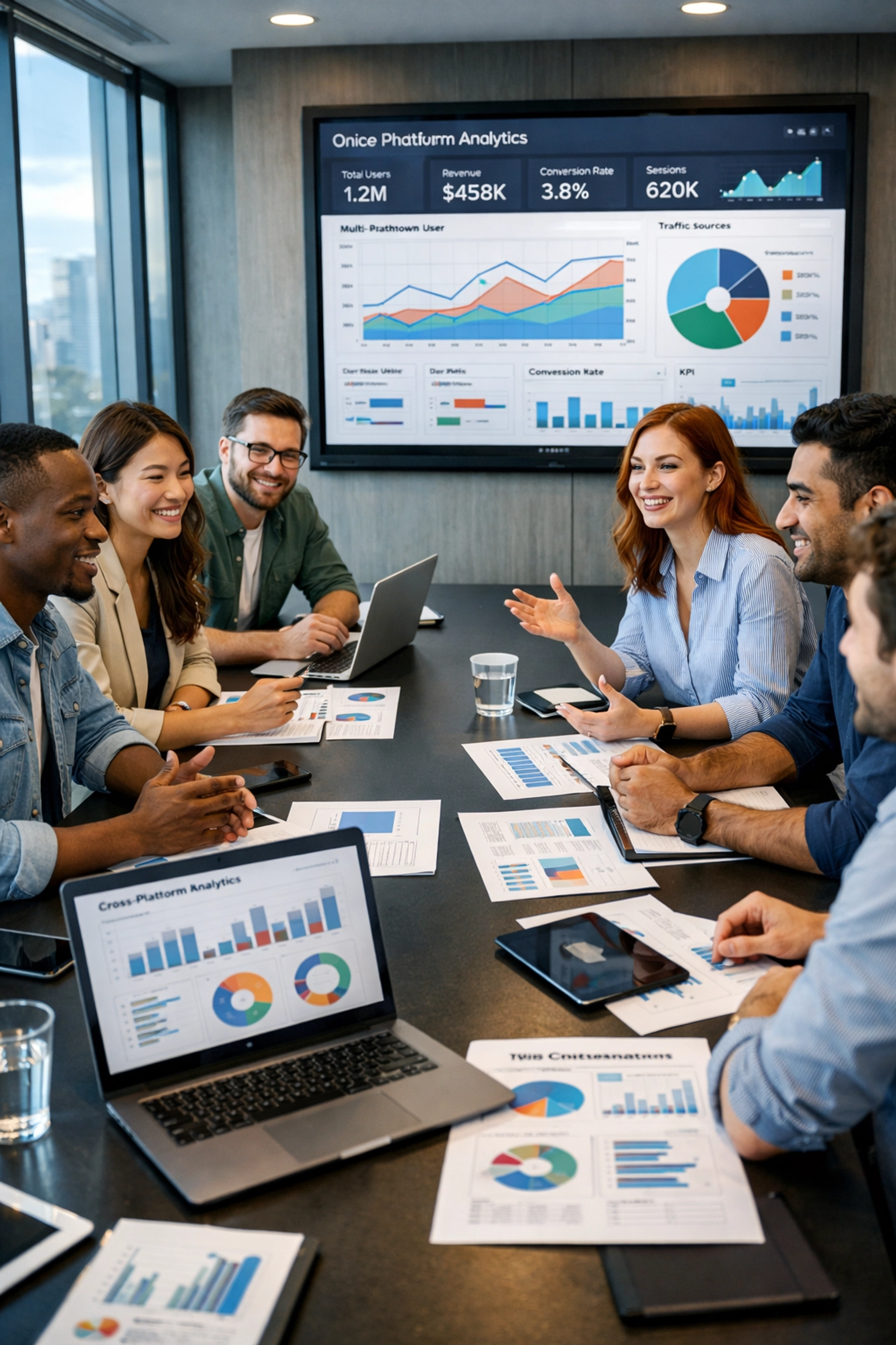 Professional team analyzing cross-platform media data and analytics in collaborative meeting