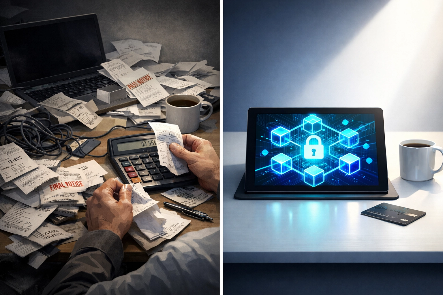 Traditional merchant account chaos versus streamlined Web3 payment system comparison