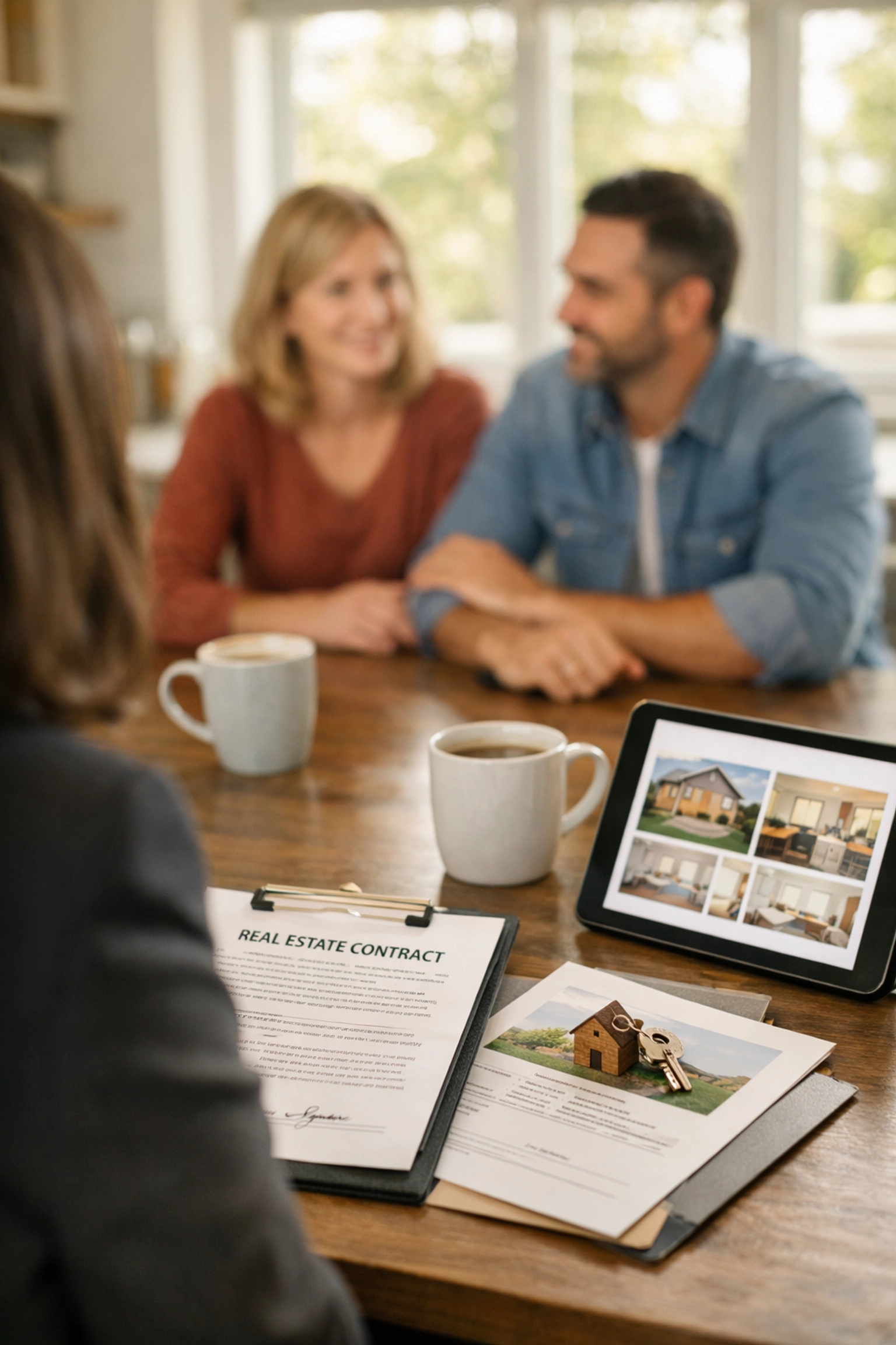 Real estate agent consulting with homebuyers at kitchen table in South Jersey