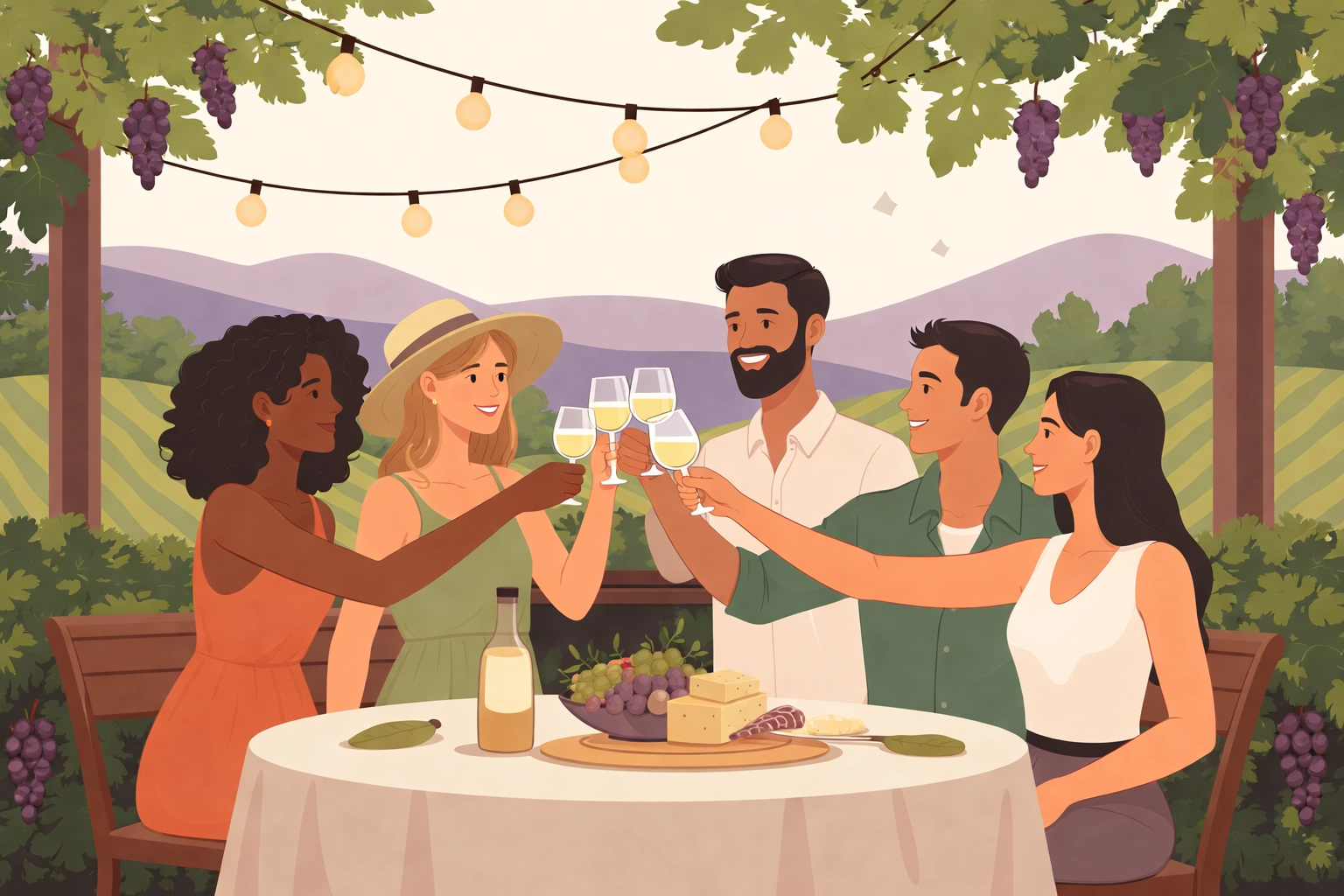 Group of friends celebrating together on a vineyard patio during a private Northern Virginia wine tour