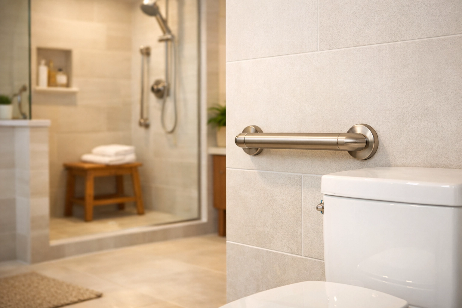 Accessible bathroom with a safety grab bar and tall toilet for senior fall prevention.