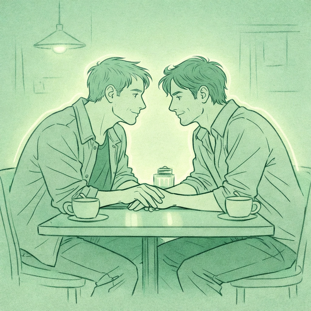 Two men sharing intimate moment at neon-lit cafe - gay romance dream connection