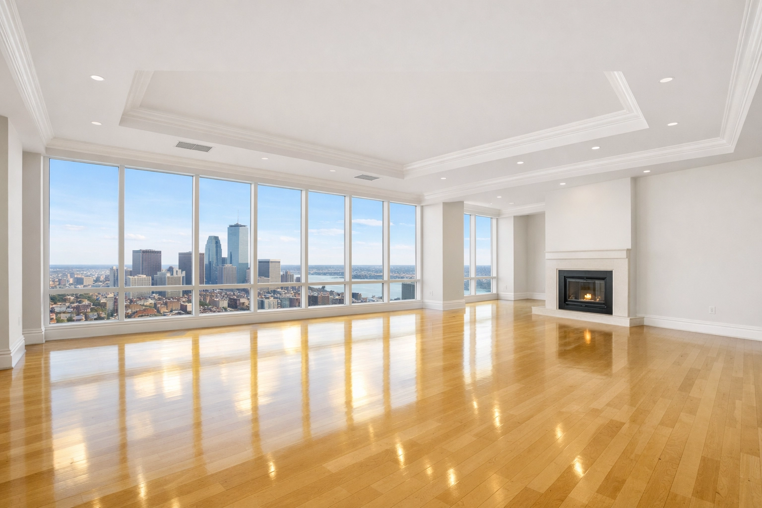 Pristine vacant penthouse living room following a professional Boston move-out cleaning service.