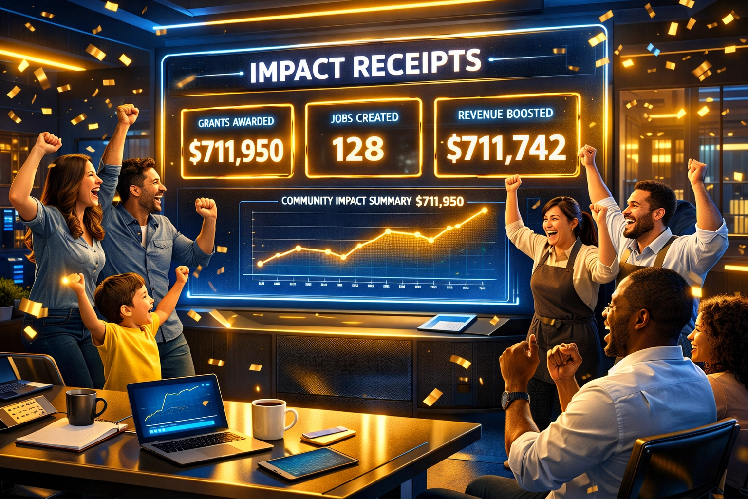 Business owners celebrating $712k in financial impact receipts through Fail Forward business coaching.