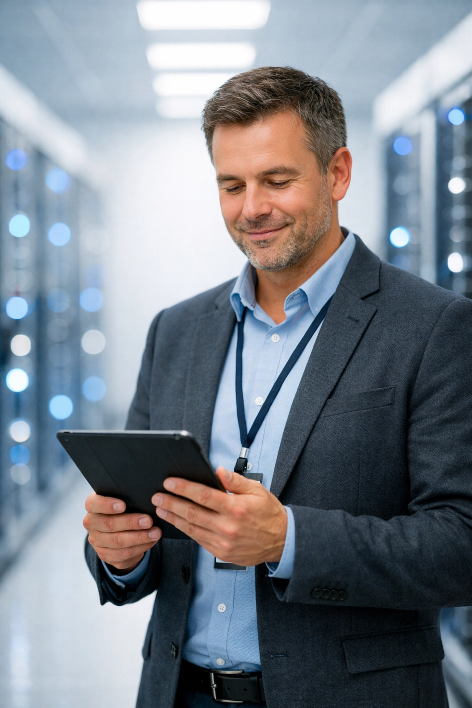 IT manager monitors ServiceNow ITOM performance and MTTR in a high-tech server room.